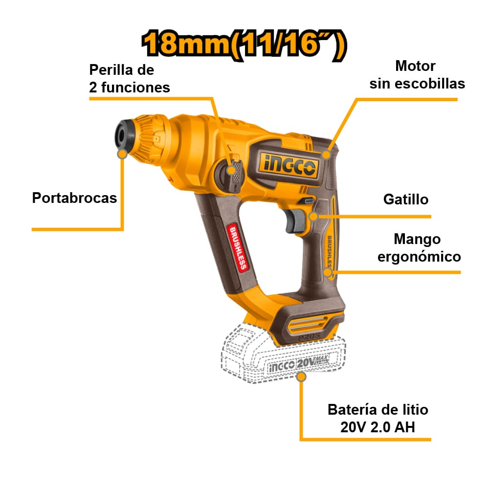 ROTOMARTILLO BRUSHLESS INGCO 20V 18MM 1.8J SDS PLUS + 1 BATERÍA 2.0AH + CARGADOR CRHLI201881 - 2