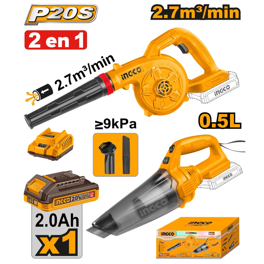 KIT SOPLADORA + ASPIRADORA INGCO + BATERÍA 2.0AH + CARGADOR COSLI240998 - 1