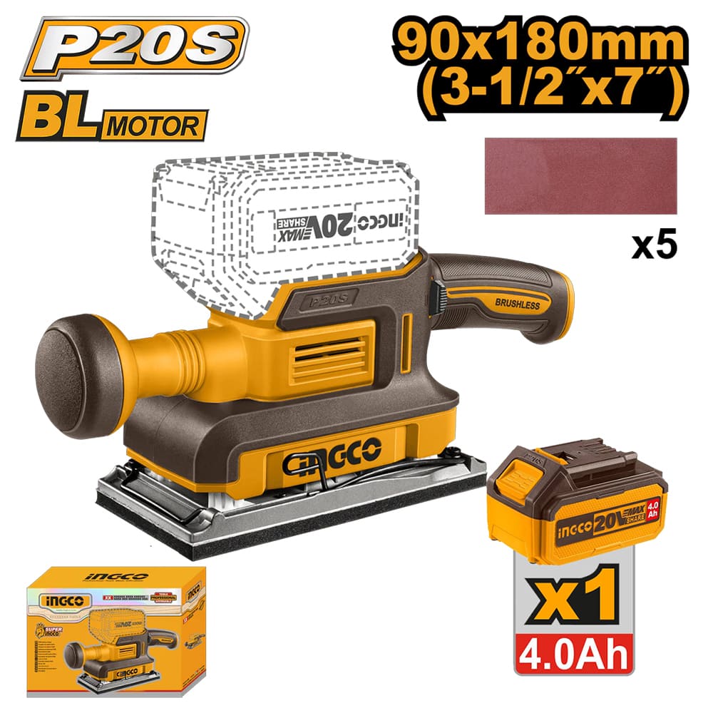 LIJADORA DE ACABADO BRUSHLESS INGCO 20V + 5 LIJAS + BATERÍA 4.0AH + CARGADOR 4.0A CFSLI20313 - 1