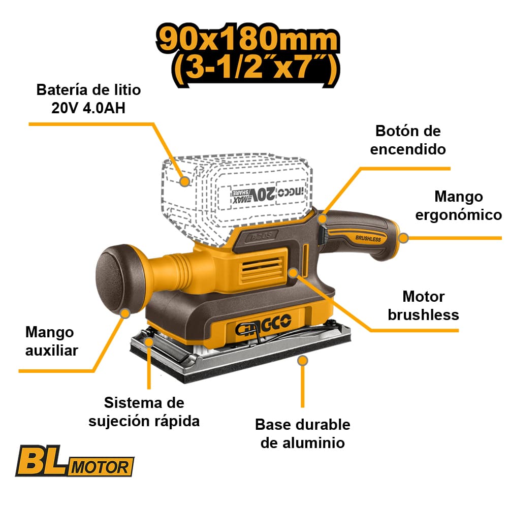 LIJADORA DE ACABADO BRUSHLESS INGCO 20V + 5 LIJAS + BATERÍA 4.0AH + CARGADOR 4.0A CFSLI20313 - 2