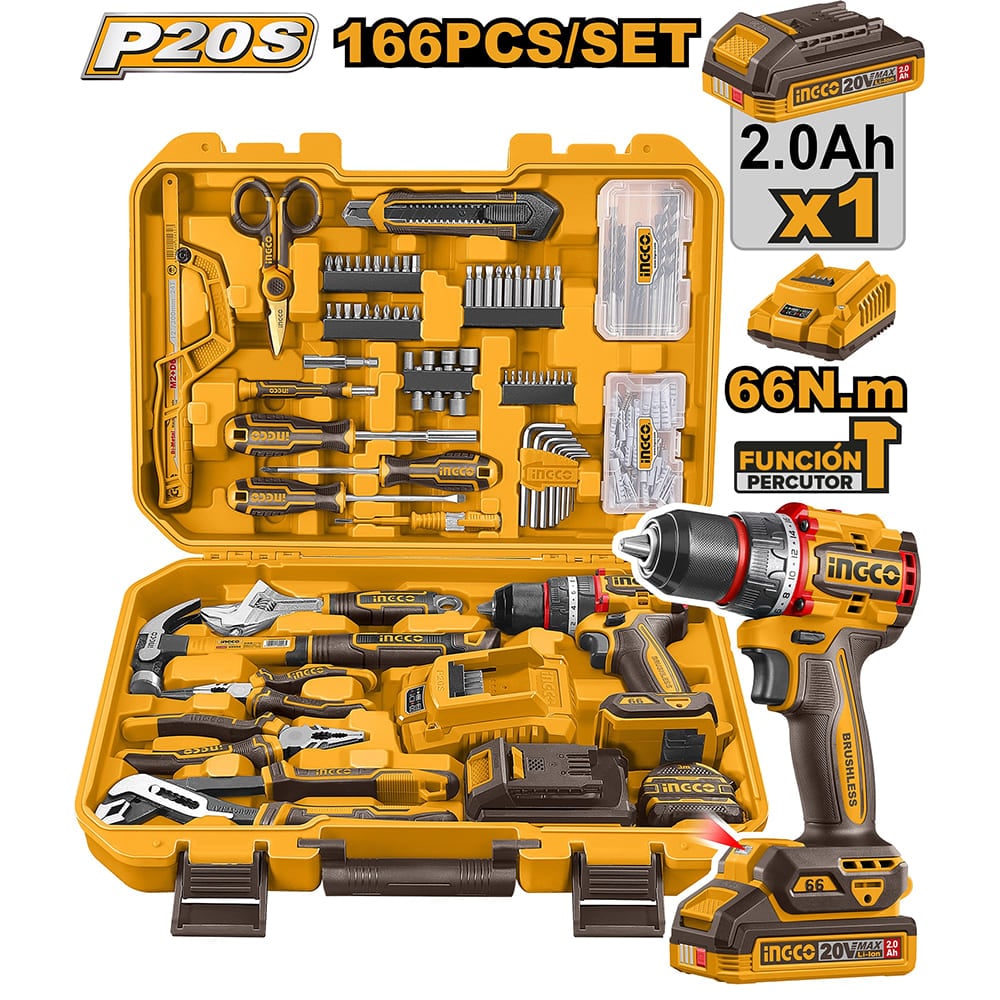 TALADRO PERCUTOR BRUSHLESS CHUCK METÁLICO INGCO 20V 66NM + 166 PIEZAS + 1 BATERÍA 2.0AH HKTHP41662 - 1