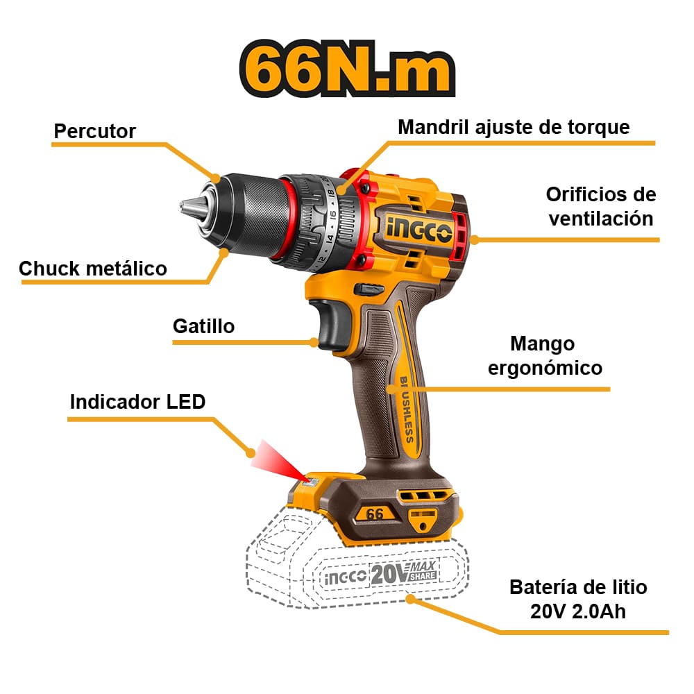 TALADRO PERCUTOR BRUSHLESS CHUCK METÁLICO INGCO 20V 66NM + 166 PIEZAS + 1 BATERÍA 2.0AH HKTHP41662 - 2