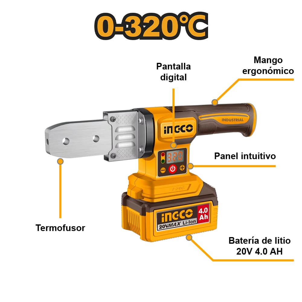 TERMOFUSORA INGCO 20V 0-320°C + 2 BATERÍAS 4.0AH + 1 CARGADOR 4.0A PTWTLI20182 - 2