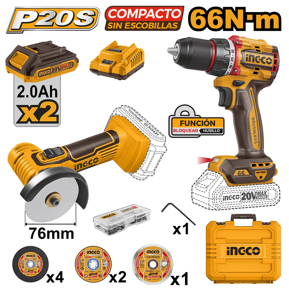 KIT PERCUTOR INGCO 20V 66NM + MINI AMOLADORA 20V 76MM + 2 BATERÍAS 2.0AH + 1 CARGADOR CKLI20766 - 1