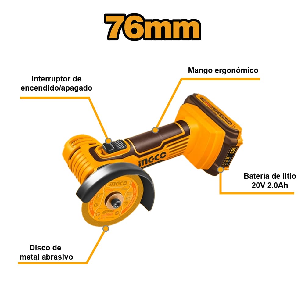 KIT PERCUTOR INGCO 20V 66NM + MINI AMOLADORA 20V 76MM + 2 BATERÍAS 2.0AH + 1 CARGADOR CKLI20766 - 2