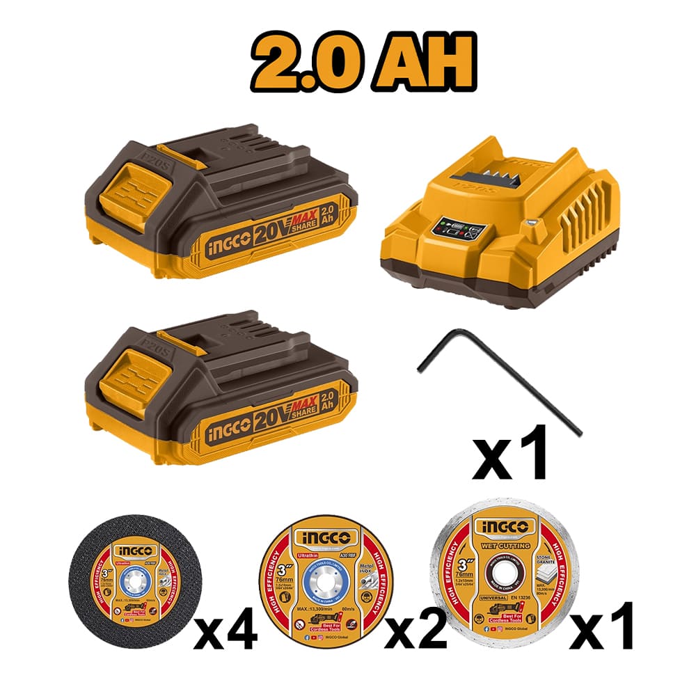 KIT PERCUTOR INGCO 20V 66NM + MINI AMOLADORA 20V 76MM + 2 BATERÍAS 2.0AH + 1 CARGADOR CKLI20766 - 3