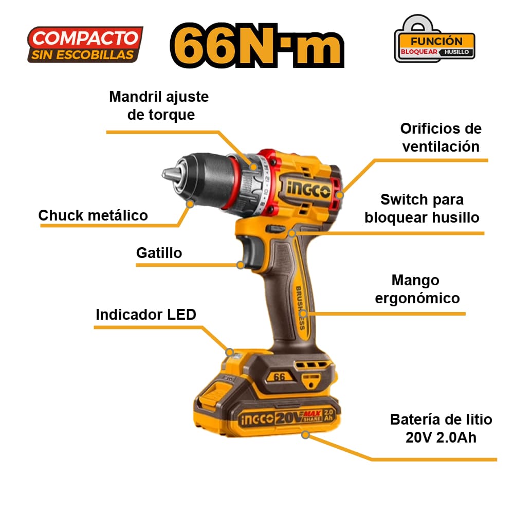 KIT PERCUTOR INGCO 20V 66NM + MINI AMOLADORA 20V 76MM + 2 BATERÍAS 2.0AH + 1 CARGADOR CKLI20766 - 6