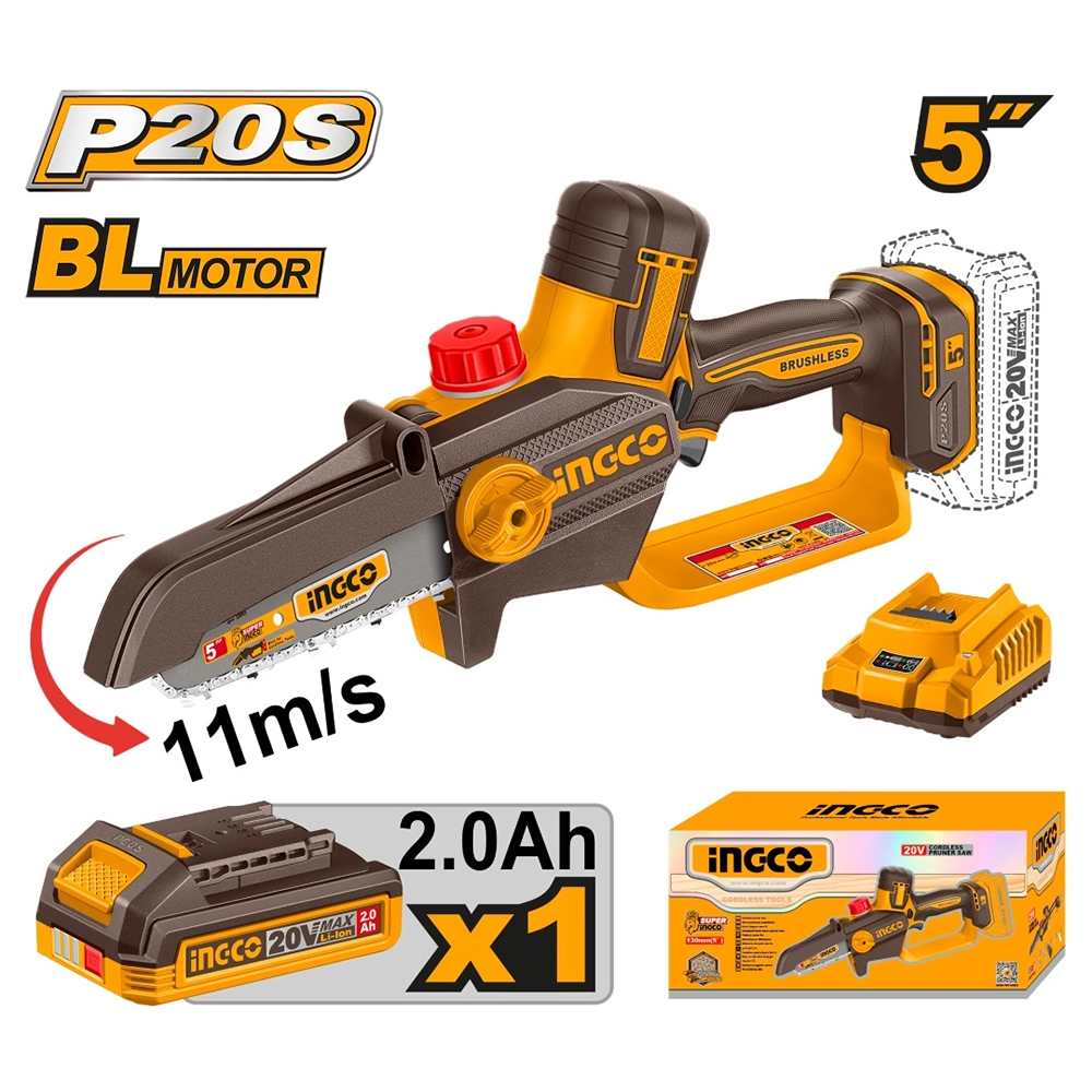 MOTOSIERRA BRUSHLESS INGCO 20V 5' 13CM 11M/S + 1 BATERÍA 2.0AH + 1 CARGADOR CGSLI20561 - 1