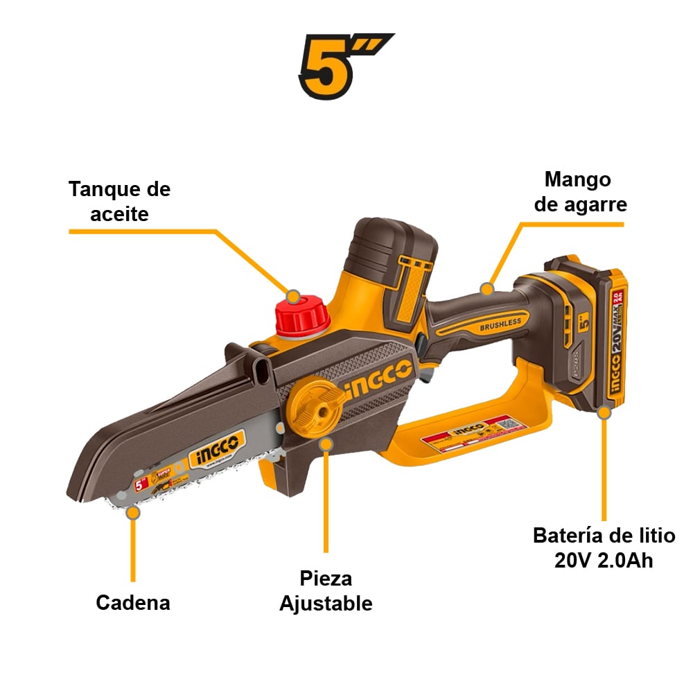 MOTOSIERRA BRUSHLESS INGCO 20V 5' 13CM 11M/S + 1 BATERÍA 2.0AH + 1 CARGADOR CGSLI20561 - 2