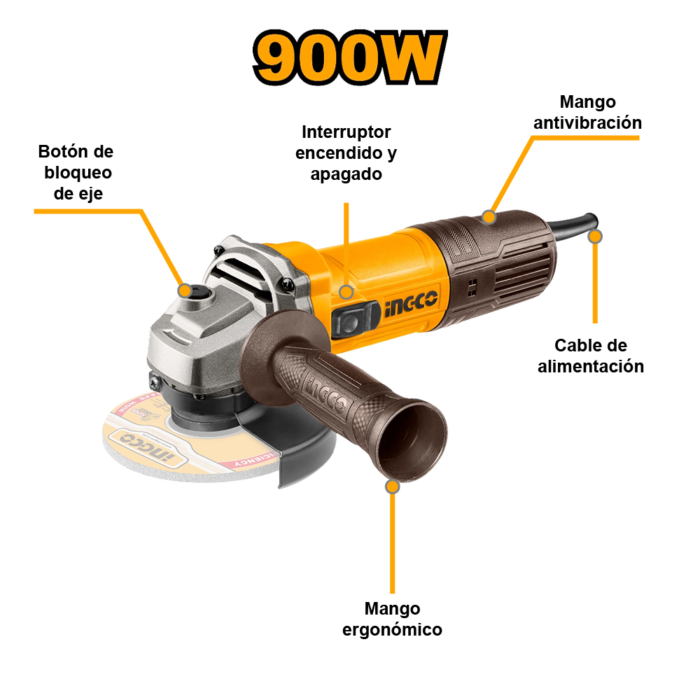 AMOLADORA ANGULAR INGCO 900W 5' 125MM AG900285 - 2