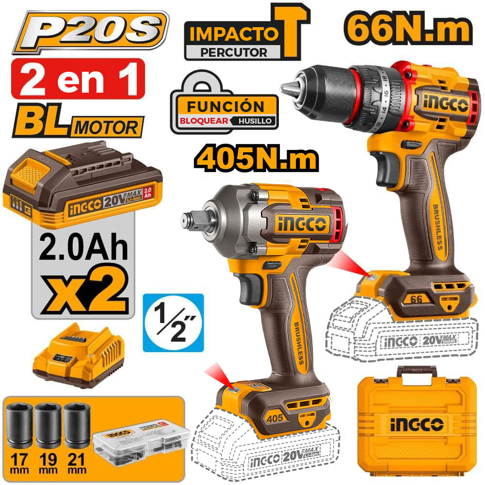 KIT PERCUTOR BRUSHLESS INGCO 66NM + LLAVE DE IMPACTO BRUSHLESS 20V 405NM CKLI20286 - 1