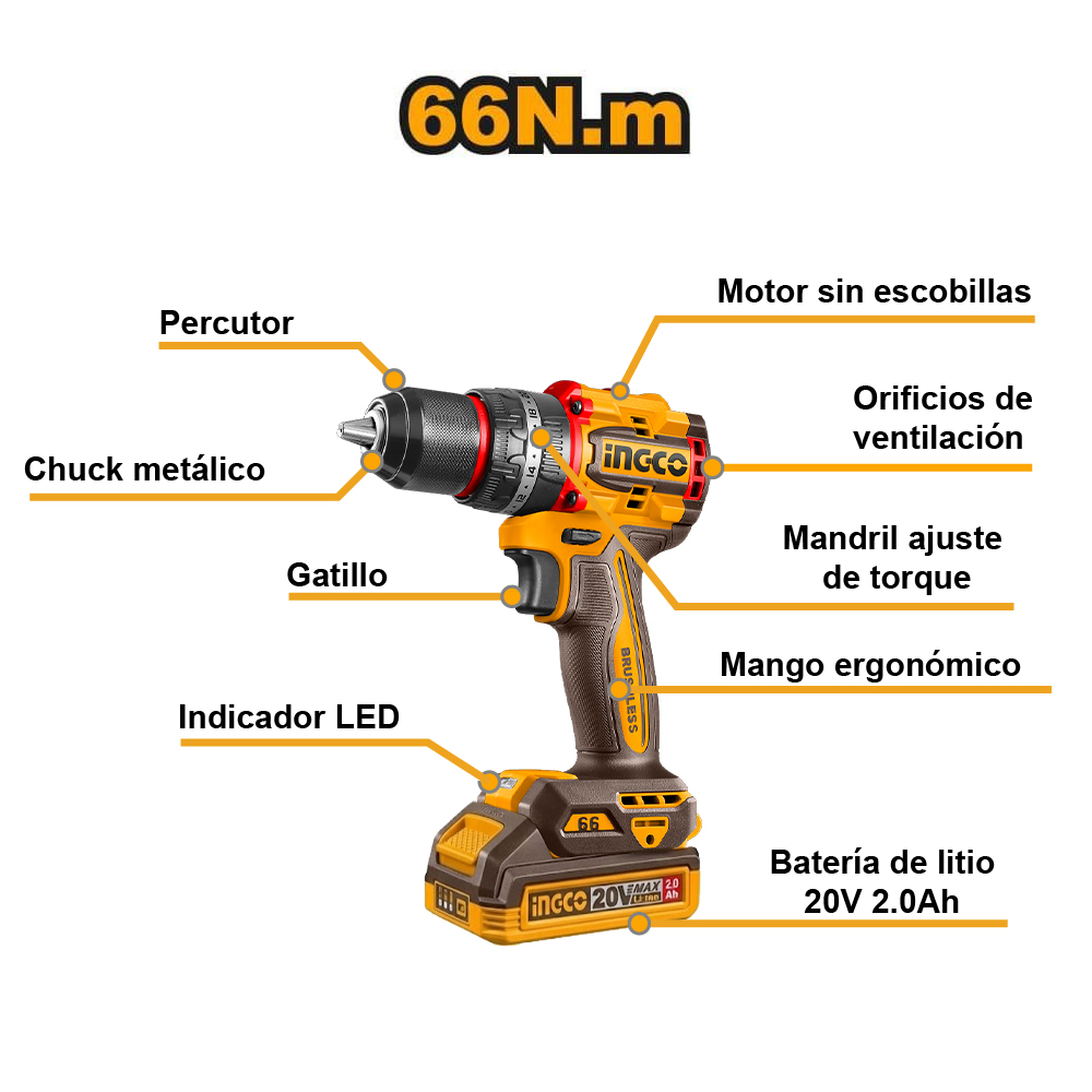 KIT PERCUTOR BRUSHLESS INGCO 66NM + LLAVE DE IMPACTO BRUSHLESS 20V 405NM CKLI20286 - 2