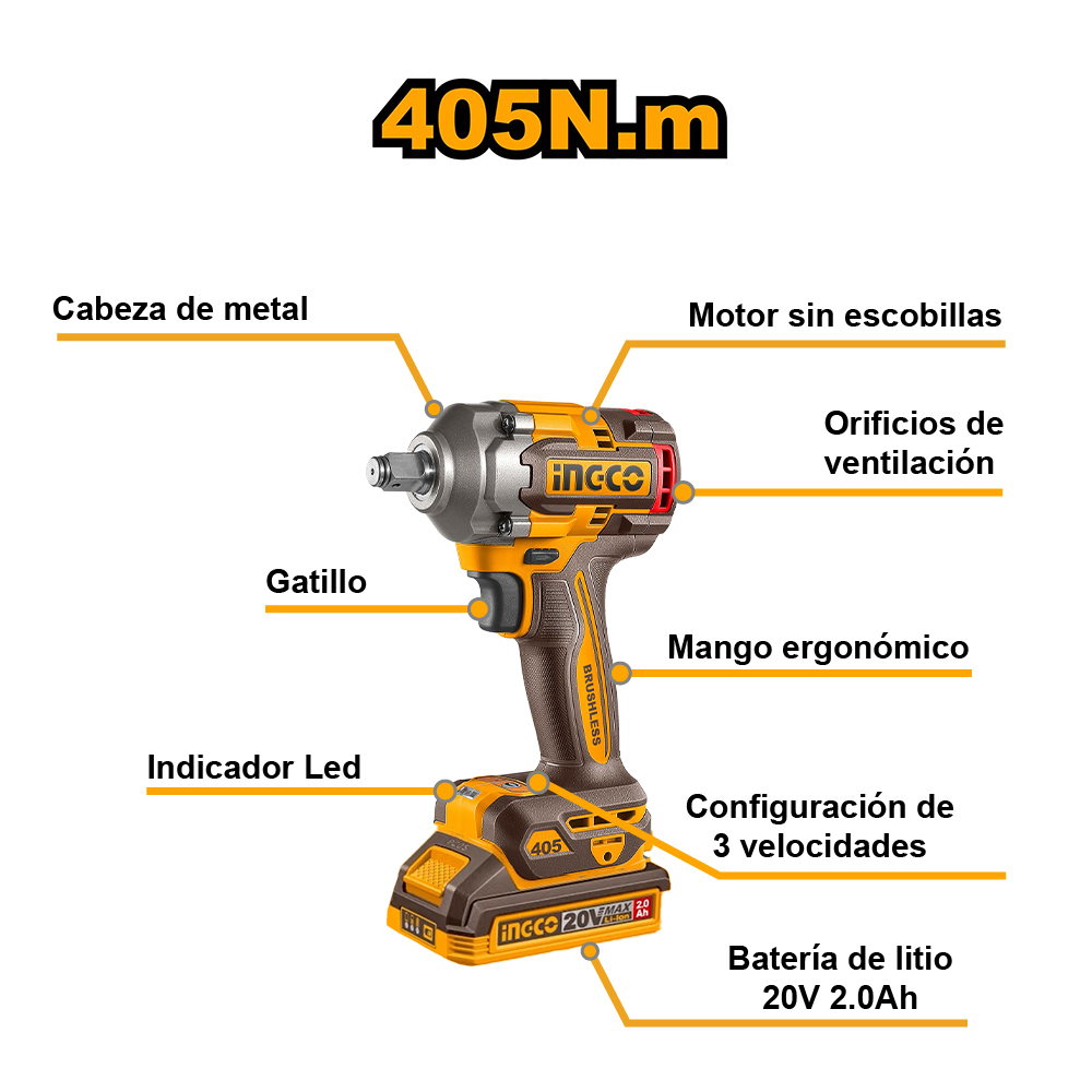 KIT PERCUTOR BRUSHLESS INGCO 66NM + LLAVE DE IMPACTO BRUSHLESS 20V 405NM CKLI20286 - 5