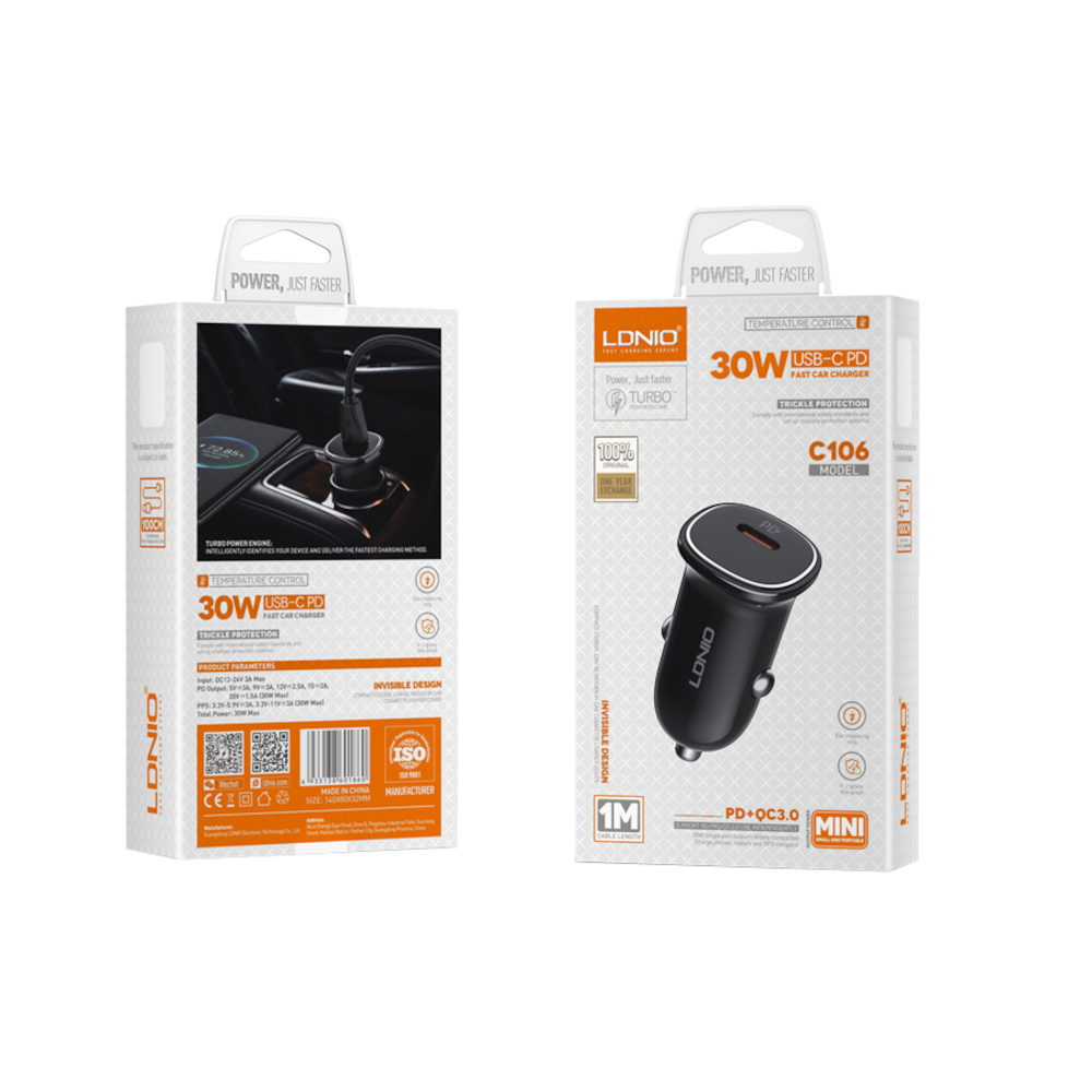 CARGADOR DE CELULAR PARA AUTOMÓVIL LDNIO C105 DE CARGA RÁPIDA 30W USB-C INCLUYE CABLE TIPO C - 4