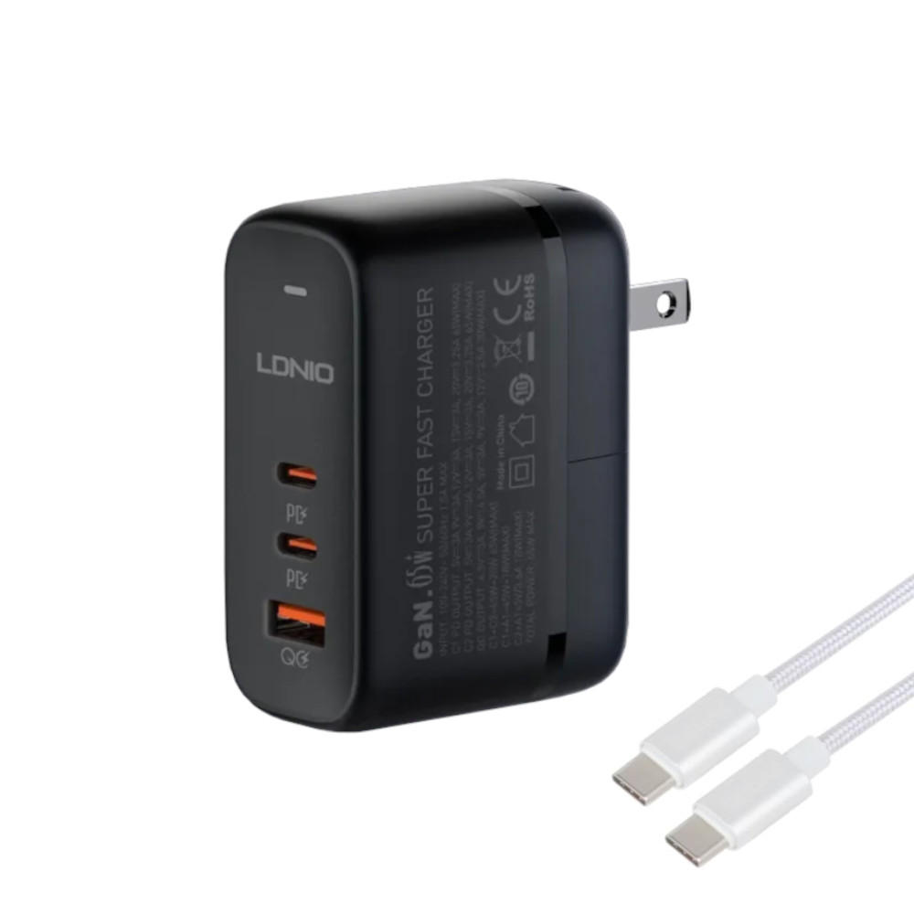 CARGADOR DE 65W CARGA ULTRA RÁPIDA LDNIO Q366 INCLUYE CABLE TIPO C Y PLUGS UK, EU Y US - 1