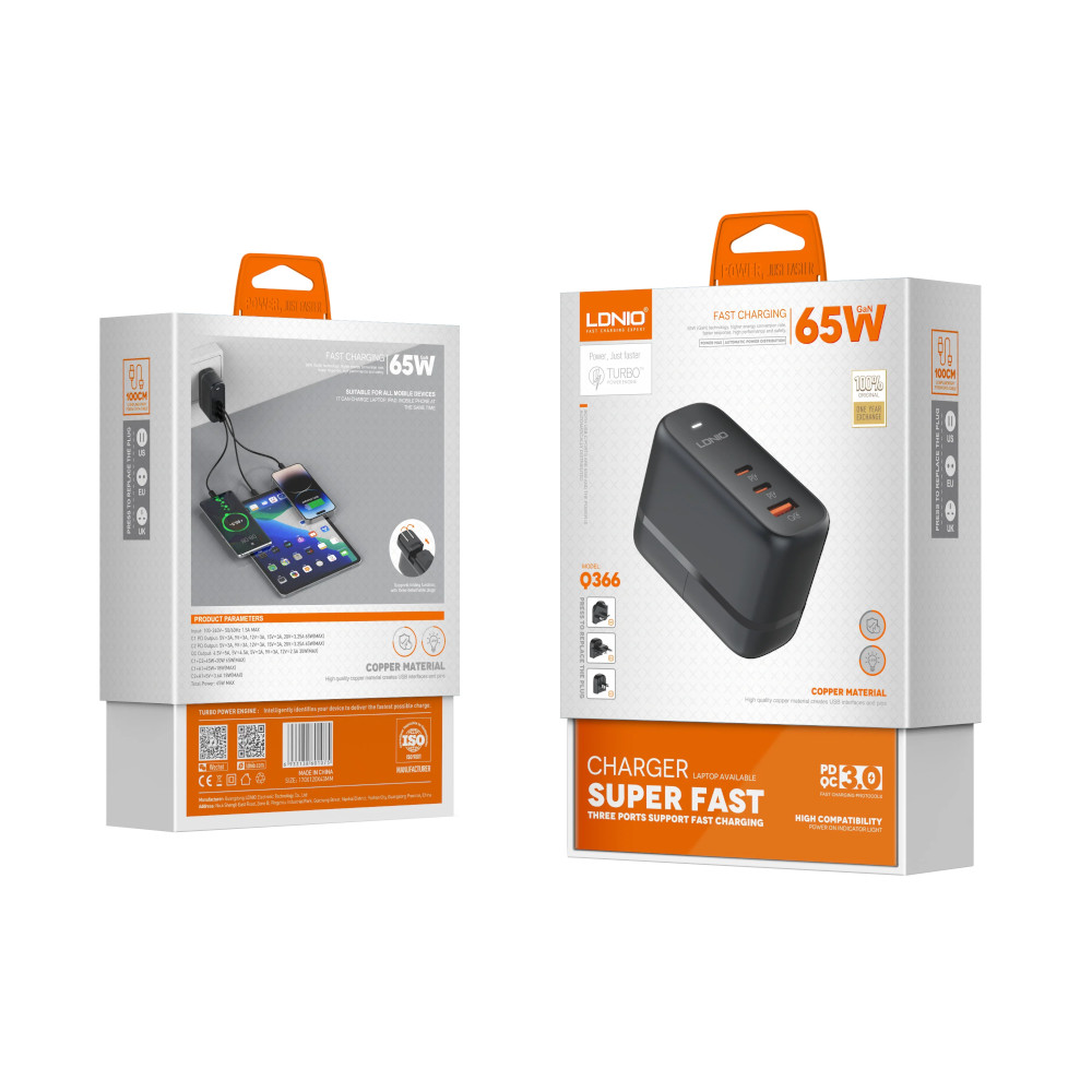 CARGADOR DE 65W CARGA ULTRA RÁPIDA LDNIO Q366 INCLUYE CABLE TIPO C Y PLUGS UK, EU Y US - 4