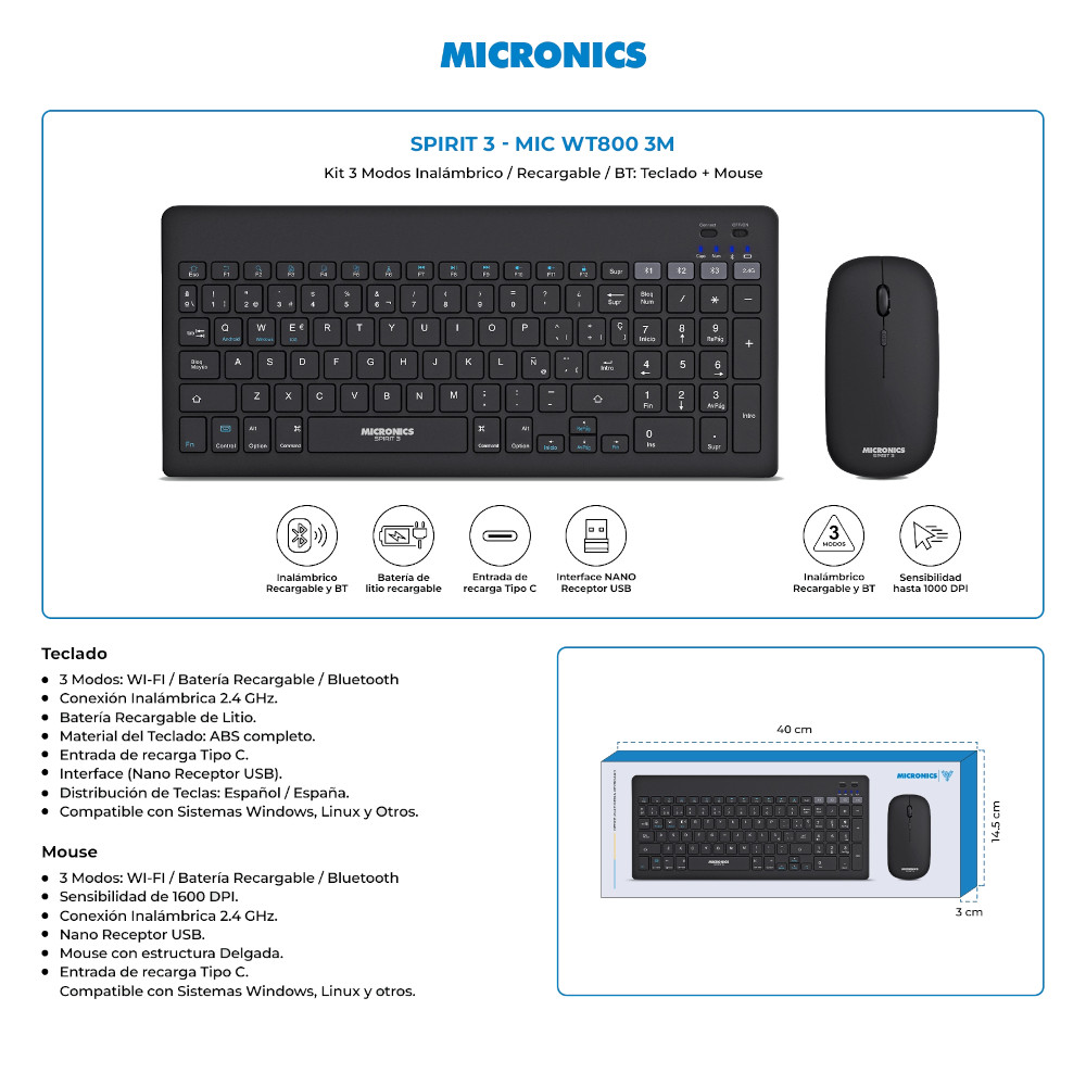 TECLADO Y MOUSE INALÁMBRICOS MICRONICS WT800-3M RECARGABLE BT WIRELESS 2.4 G - 4