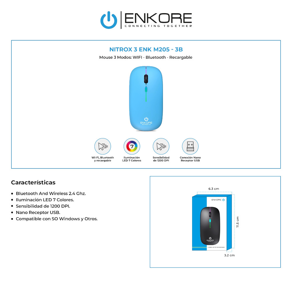 MOUSE INALÁMBRICO WIFI- BLUETOOTH-RECARGABLE ENKORE NITROX 3 ENK-M205-3B TURQUEZA - 2