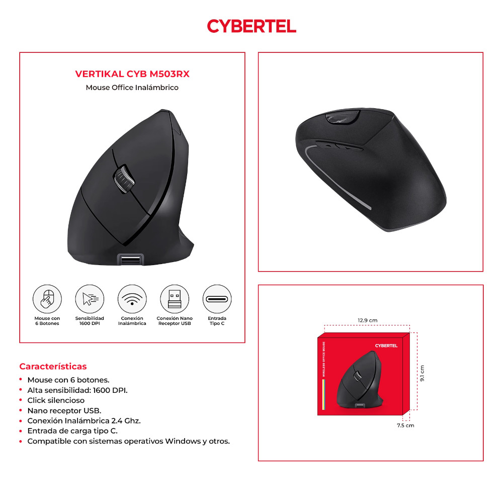 MOUSE VERTICAL INALÁMBRICO ERGONÓMICO CYBERTEL CYB M503 RX RECARGABLE CON LUZ LED - 4