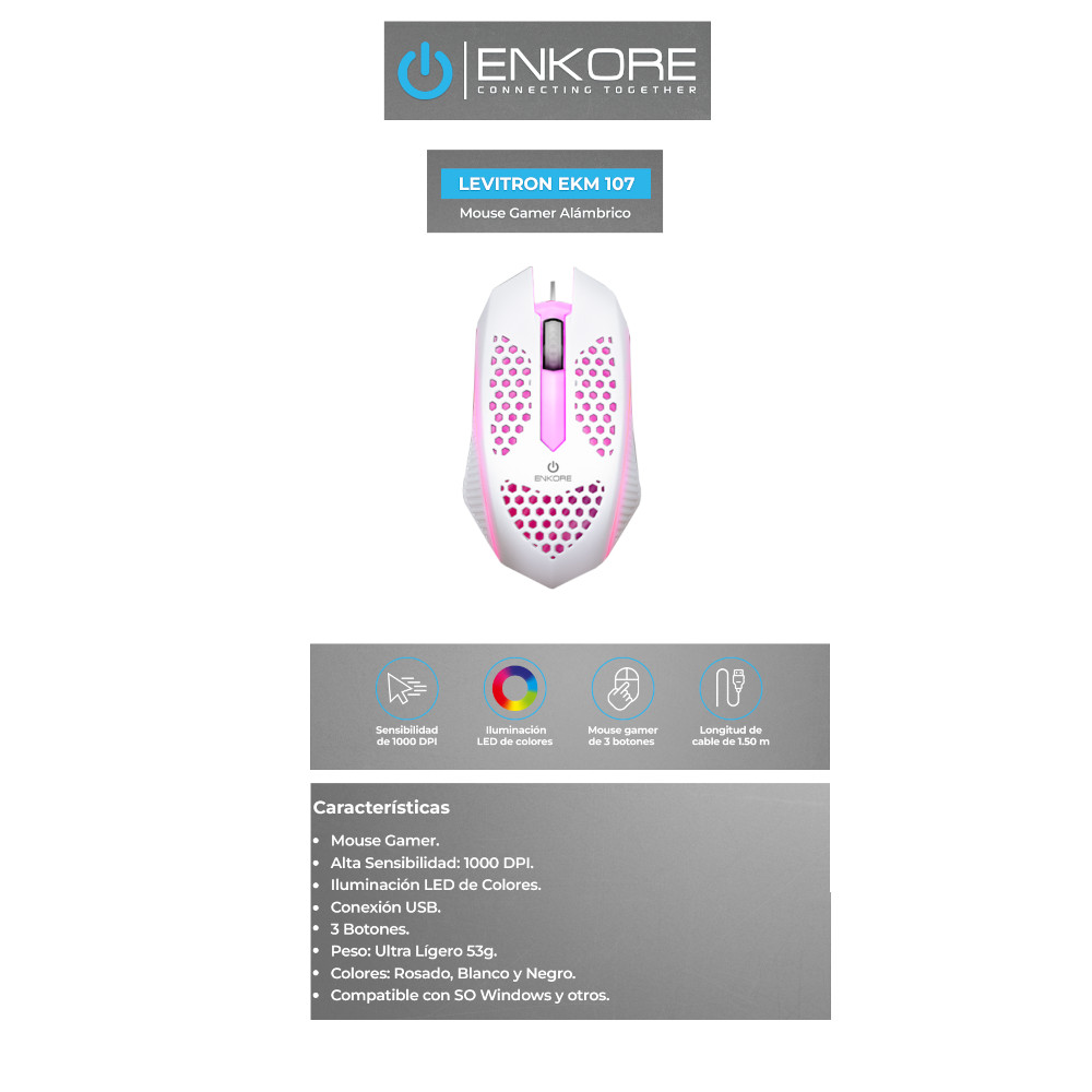 MOUSE GAMER ALÁMBRICO ENKORE LEVITRON 107 BLANCO ILUMINCACIÓN LED - 4