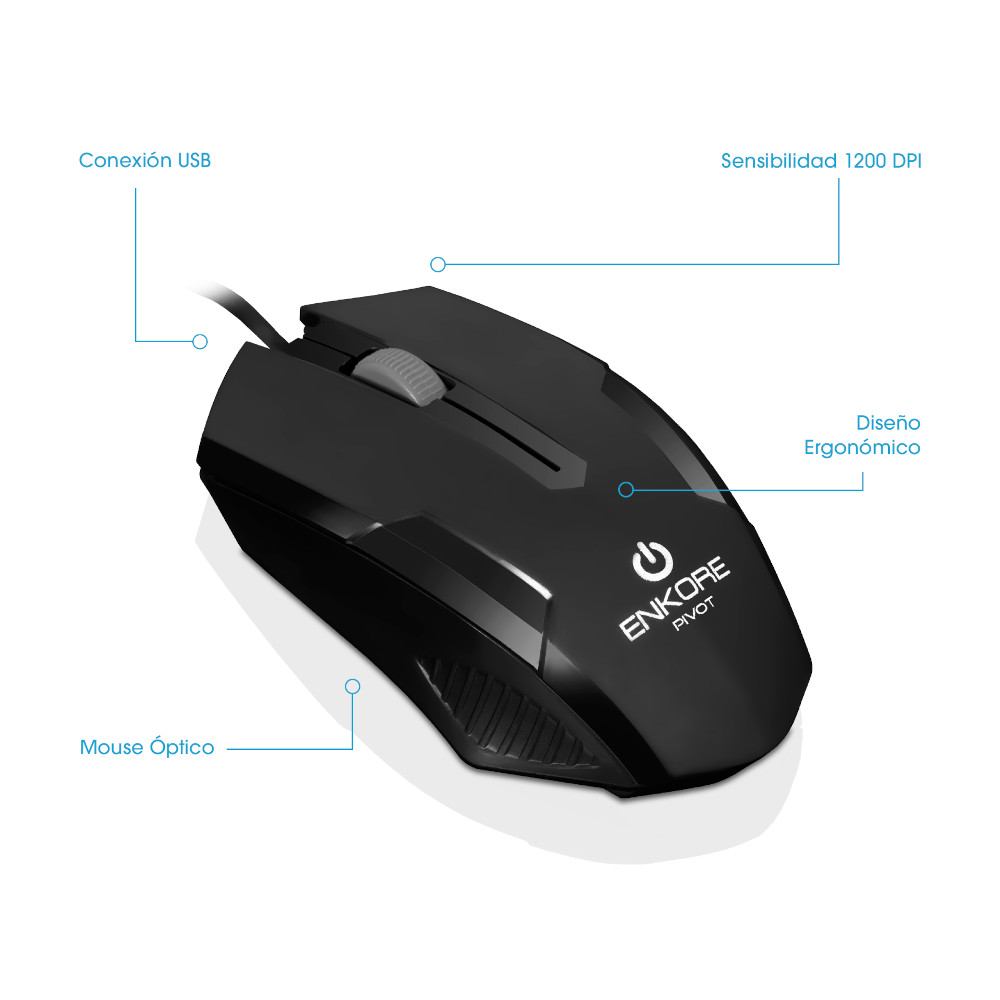 MOUSE ÓPTICO ALÁMBRICO 1200 DPI ENKORE PIVOT EKM 105 NEGRO - 3