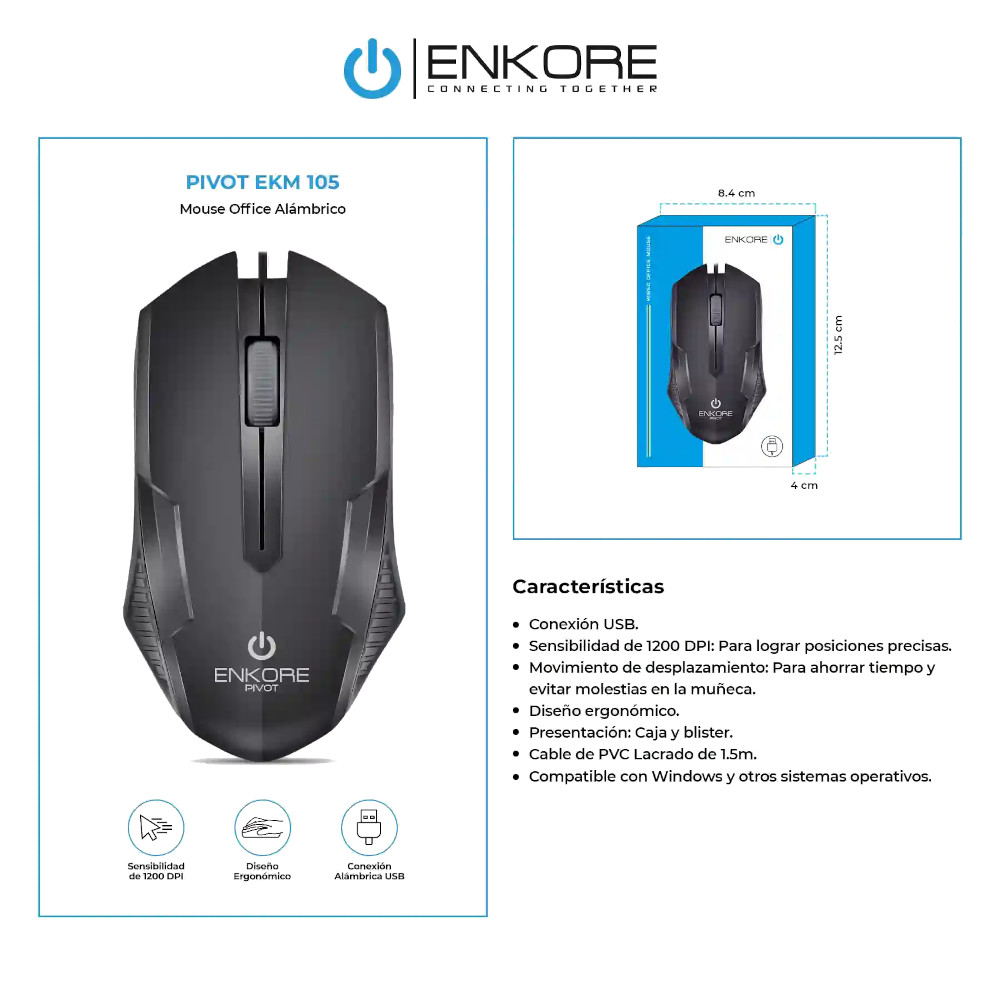 MOUSE ÓPTICO ALÁMBRICO 1200 DPI ENKORE PIVOT EKM 105 NEGRO - 4