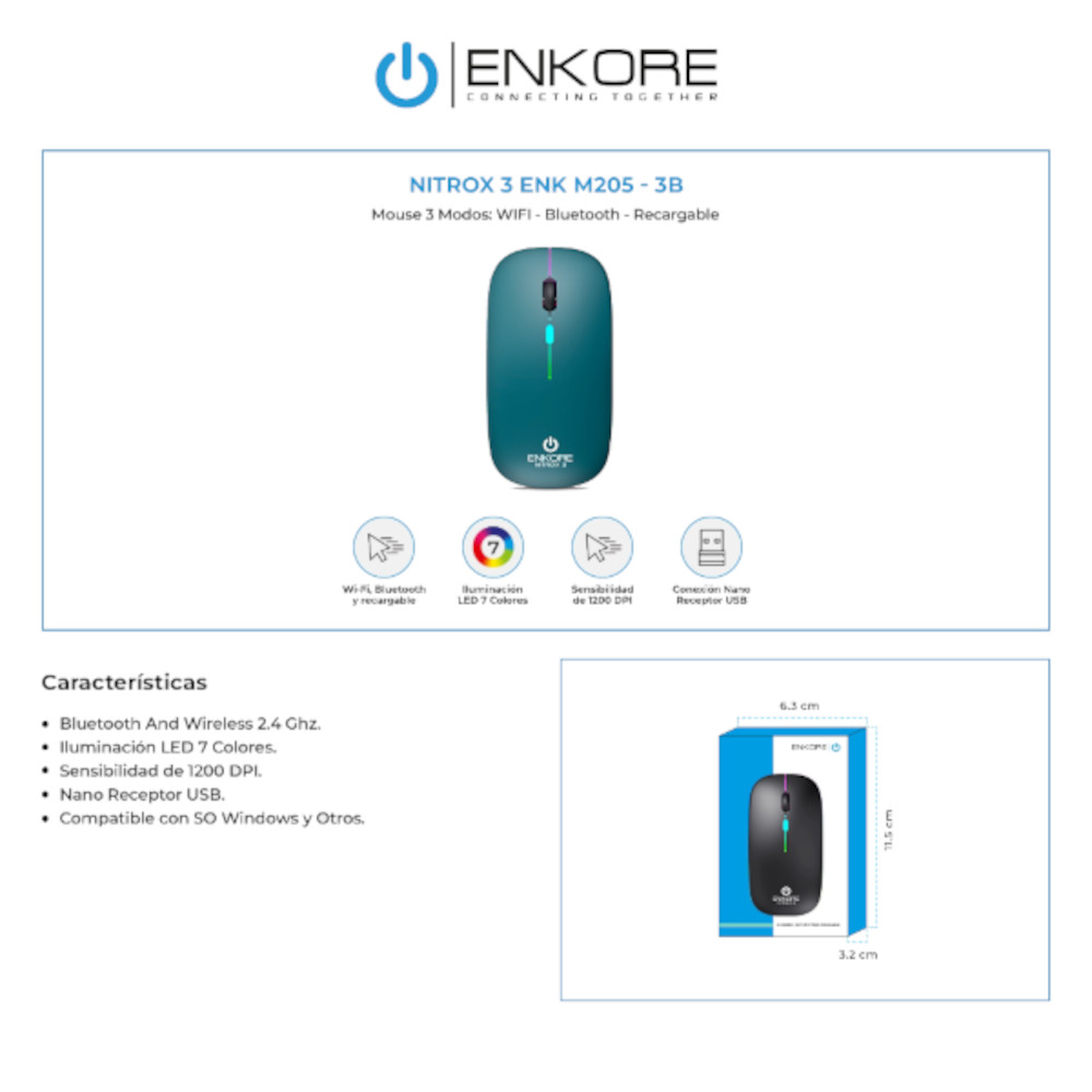 MOUSE INALÁMBRICO WIFI BLUETOOTH RECARGABLE ENKORE NITROX 3 ENK M205 3B VERDE - 2