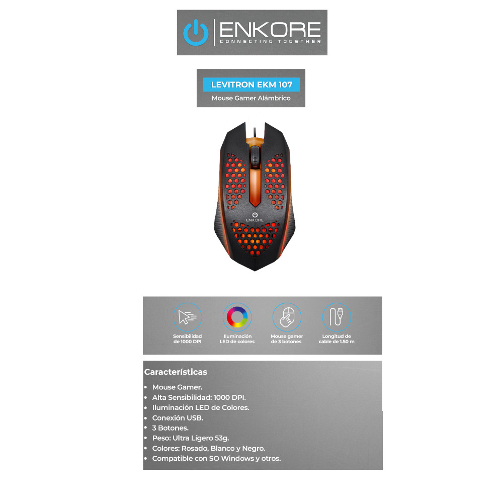 MOUSE GAMER ALÁMBRICO ENKORE LEVITRON 107 NEGRO ILUMINCACIÓN LED - 4