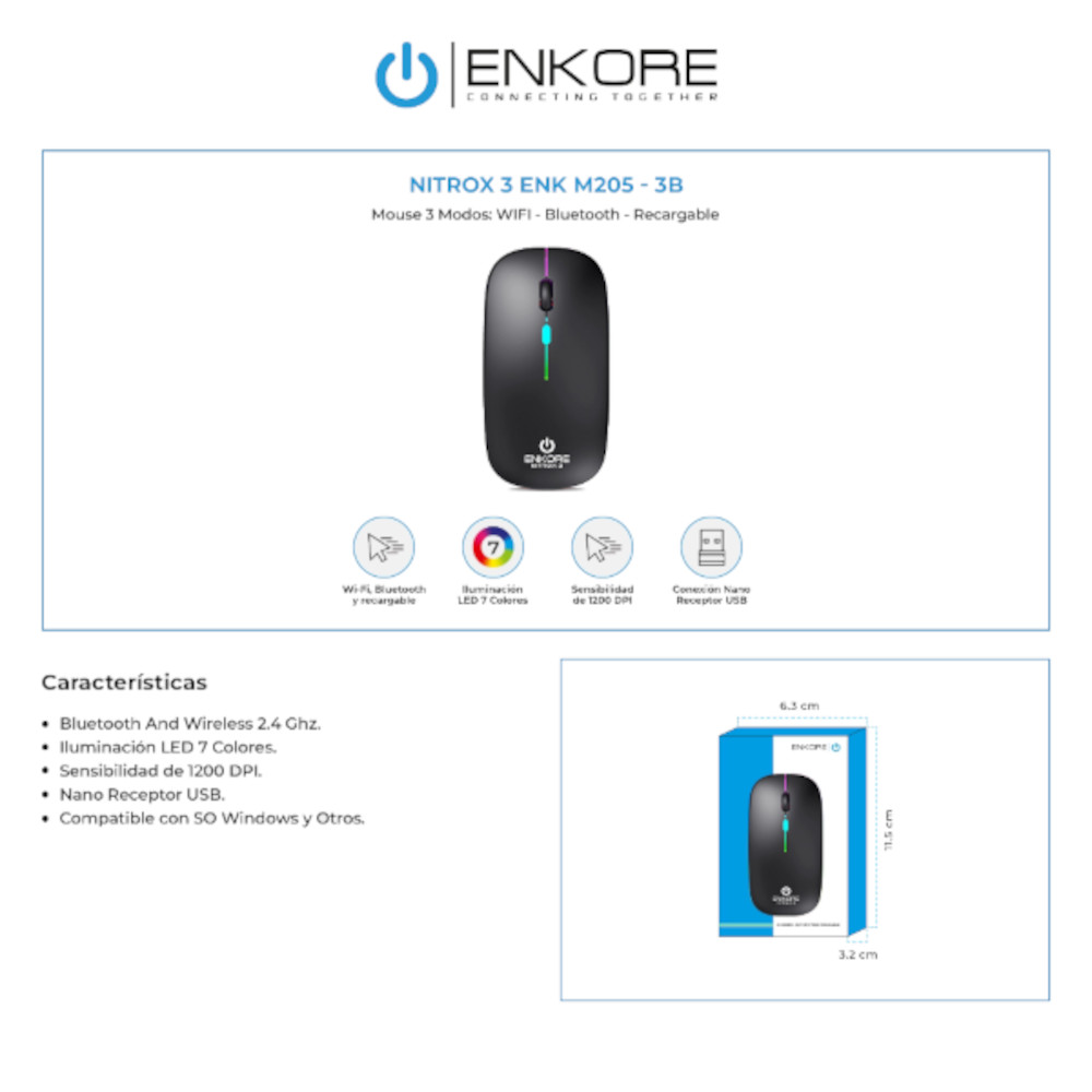 MOUSE INALÁMBRICO WIFI- BLUETOOTH-RECARGABLE ENKORE NITROX 3 ENK-M205-3B NEGRO - 2