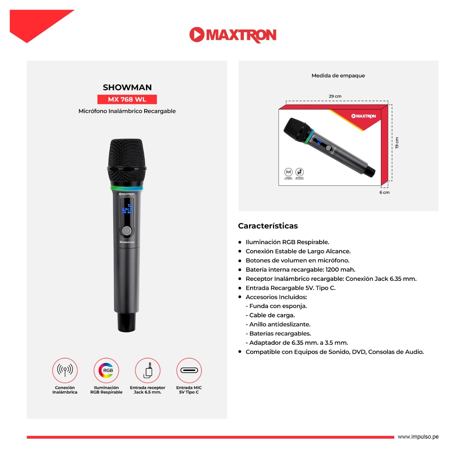 MICRÓFONO INALÁMBRICO RECARGABLE MAXTRON MX 768WL SHOWMAN WIFI 2.4 - 5