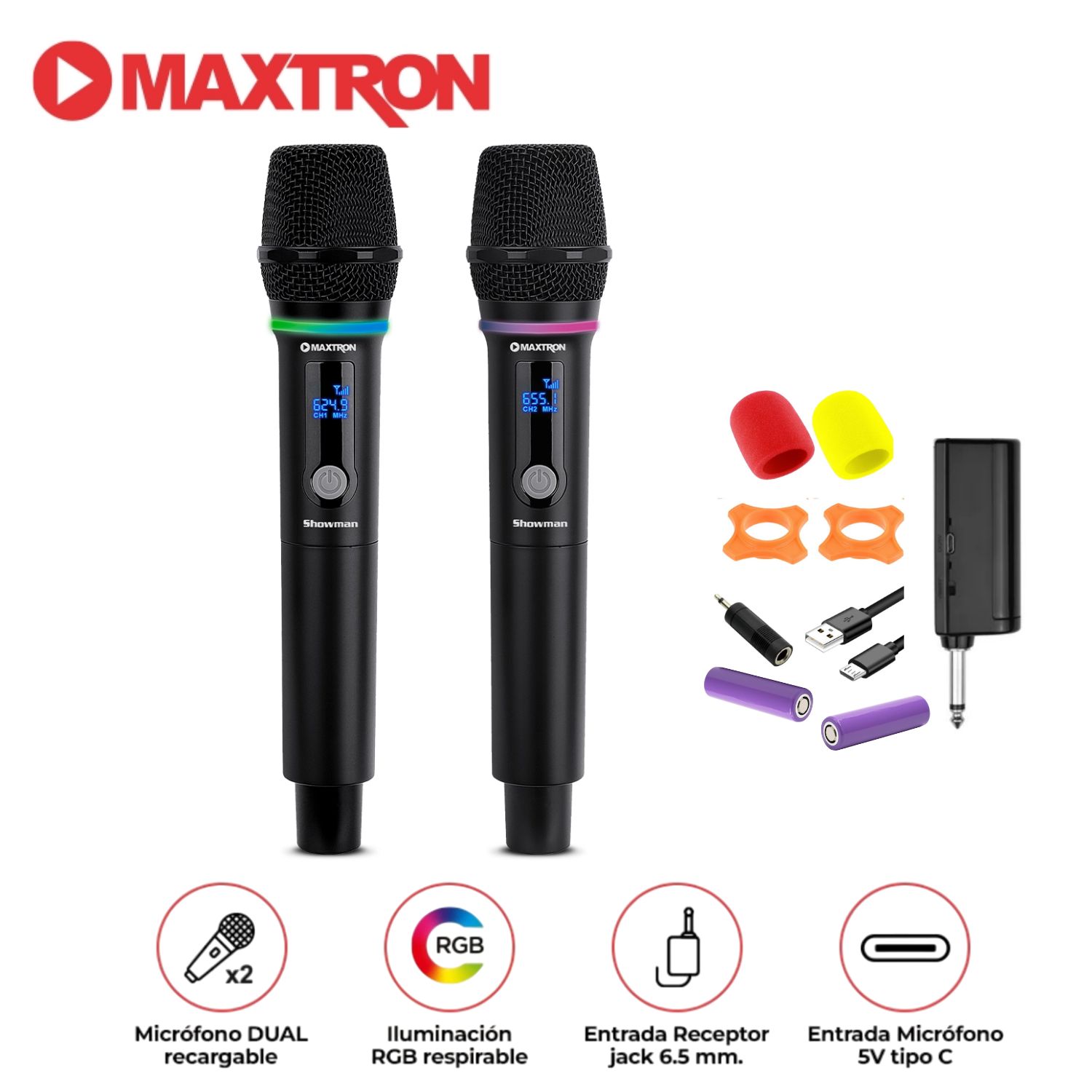 MICRÓFONO DUAL MAXTRON MX7268WL SHOWMAN CON ACCESORIOS - 1
