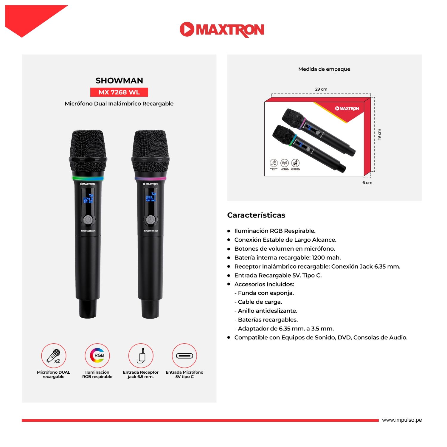 MICRÓFONO DUAL MAXTRON MX7268WL SHOWMAN CON ACCESORIOS - 6