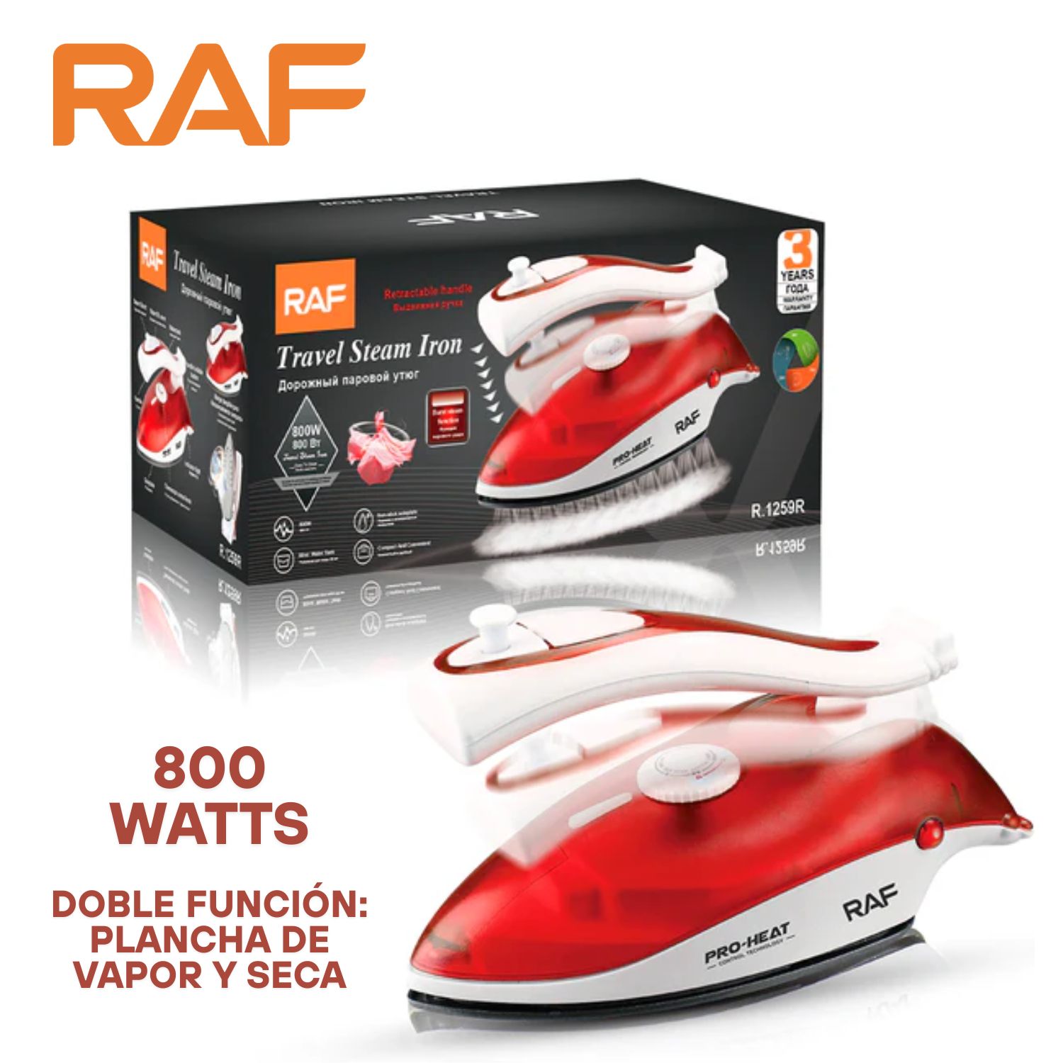 PLANCHA DE VAPOR Y SECA PLEGABLE DE VIAJE RAF R.1259 PESO LIGERO ROJO - 1