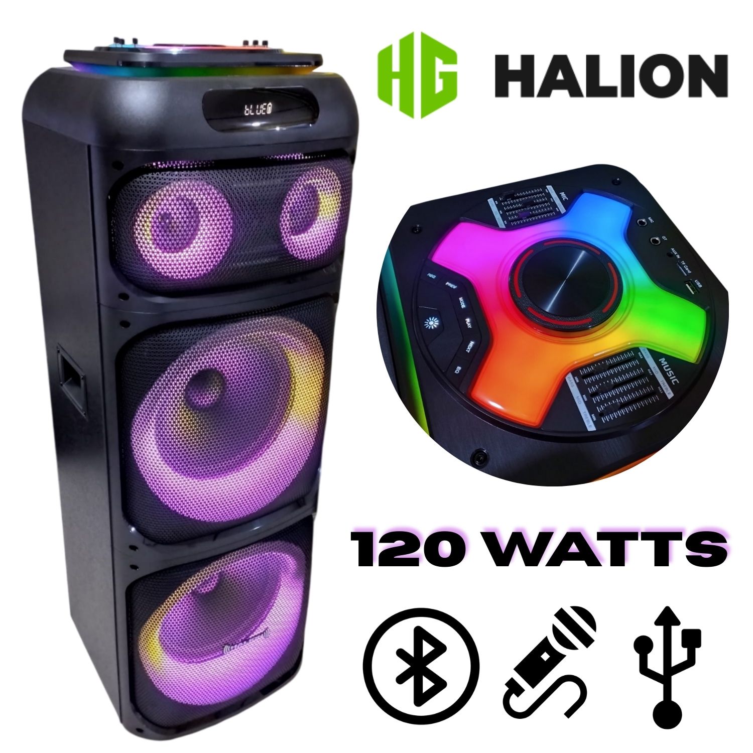 PARLANTE HALION MONSTER HA-1242  2X12' BLUETOOTH CON LUCES RGB Y ALTA POTENCIA - 1