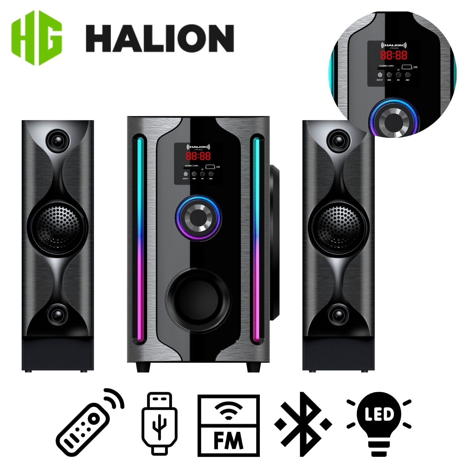 PARLANTE HALION HA-F84 AVENGER 2.1 CON SUBWOOFER 8' LUCES RGB USB SD BT FM - 1