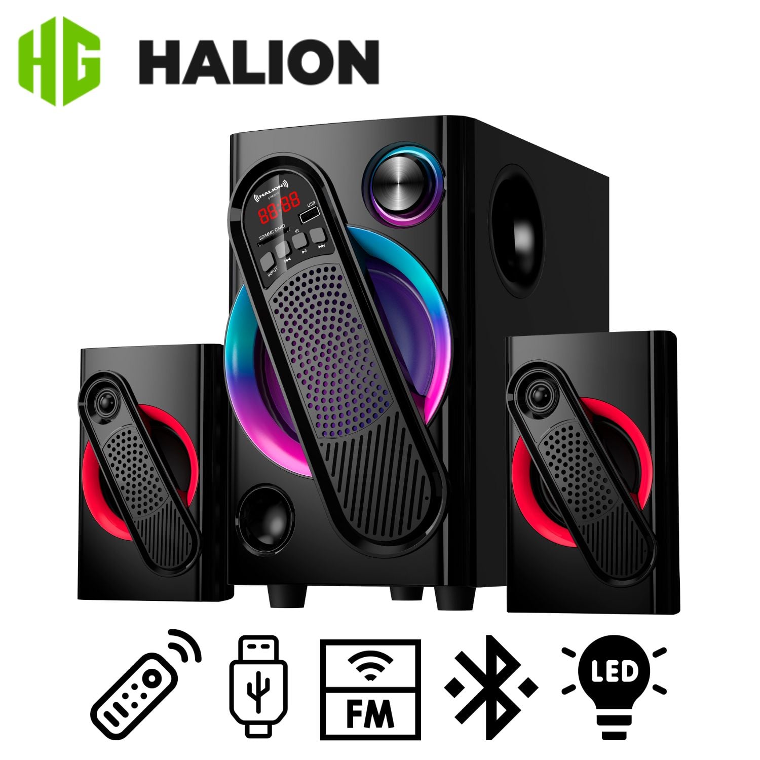 PARLANTE HALION HA-F61 GORDON 2.1 CON SUBWOOFER 5.25″ LUCES RGB USB SD BT FM - 1