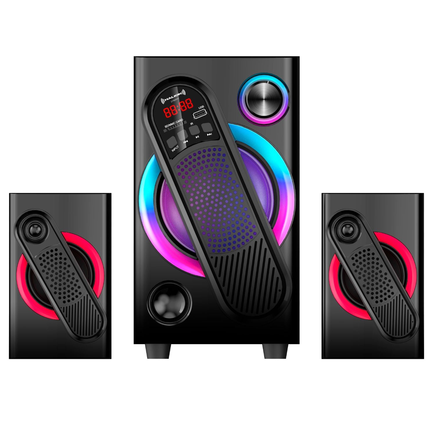 PARLANTE HALION HA-F61 GORDON 2.1 CON SUBWOOFER 5.25″ LUCES RGB USB SD BT FM - 5