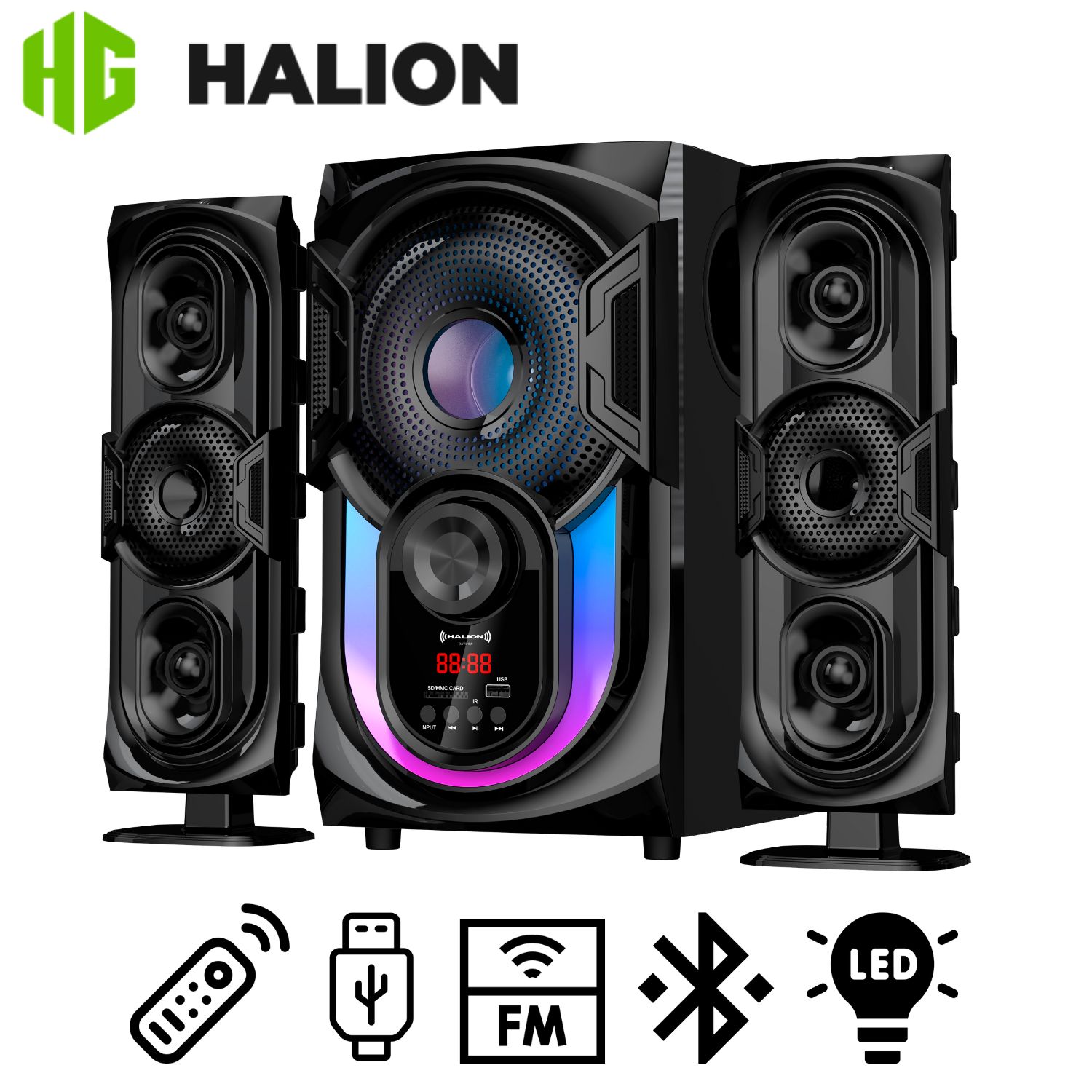 PARLANTE HALION HA-F62 OXFORD 2.1 CON SUBWOOFER 6,5″ LUCES RGB USB SD BT FM - 1
