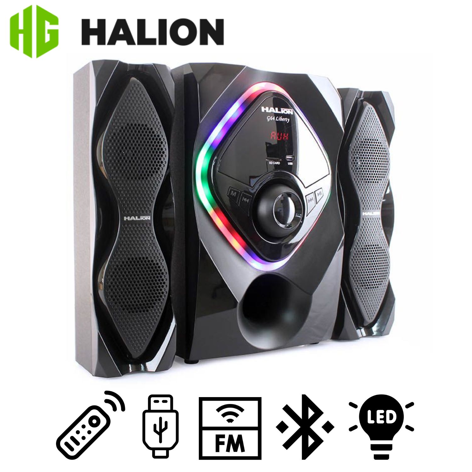 PARLANTE HALION HA-G64 LIBERTY 2.1 CON SUBWOOFER 6,5″ LUCES LED RGB USB SD BT FM - 1