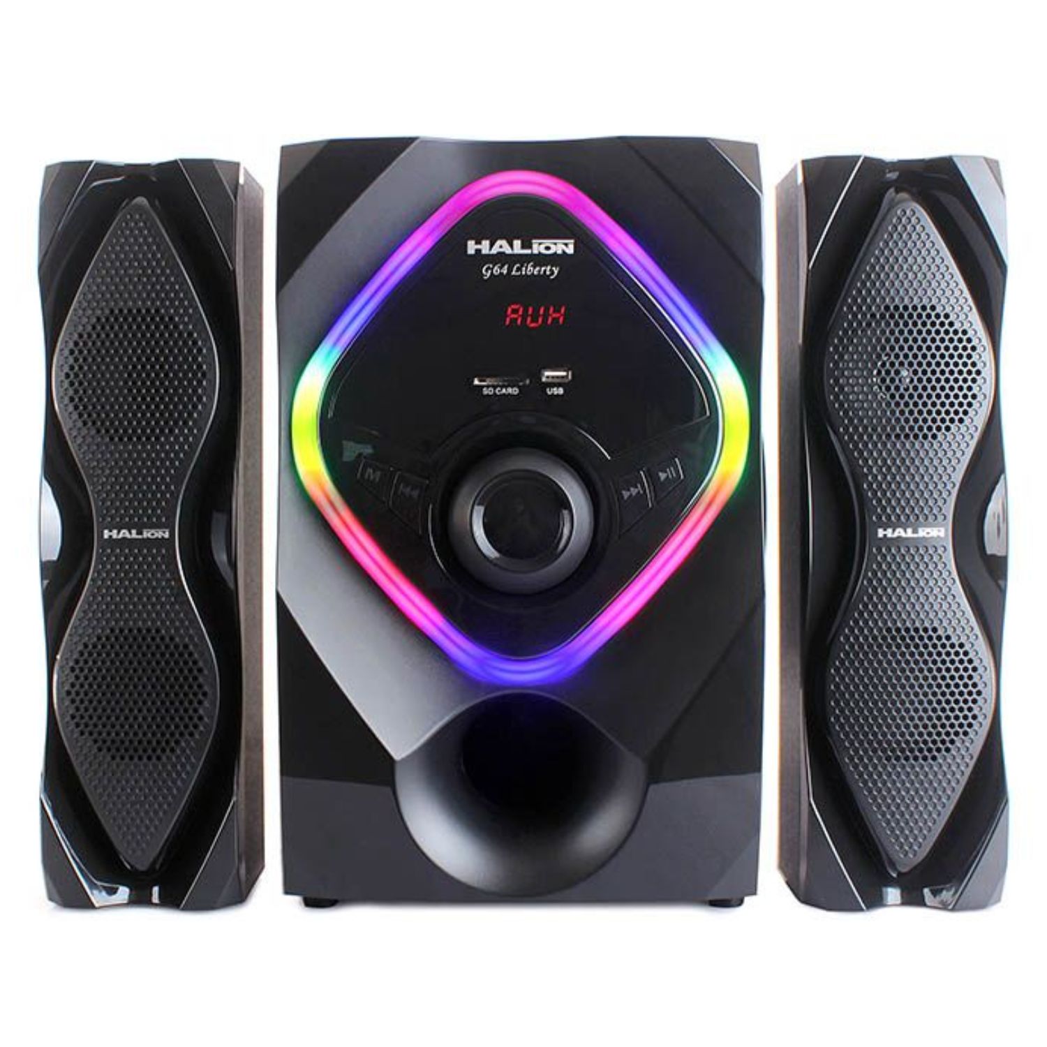 PARLANTE HALION HA-G64 LIBERTY 2.1 CON SUBWOOFER 6,5″ LUCES LED RGB USB SD BT FM - 2