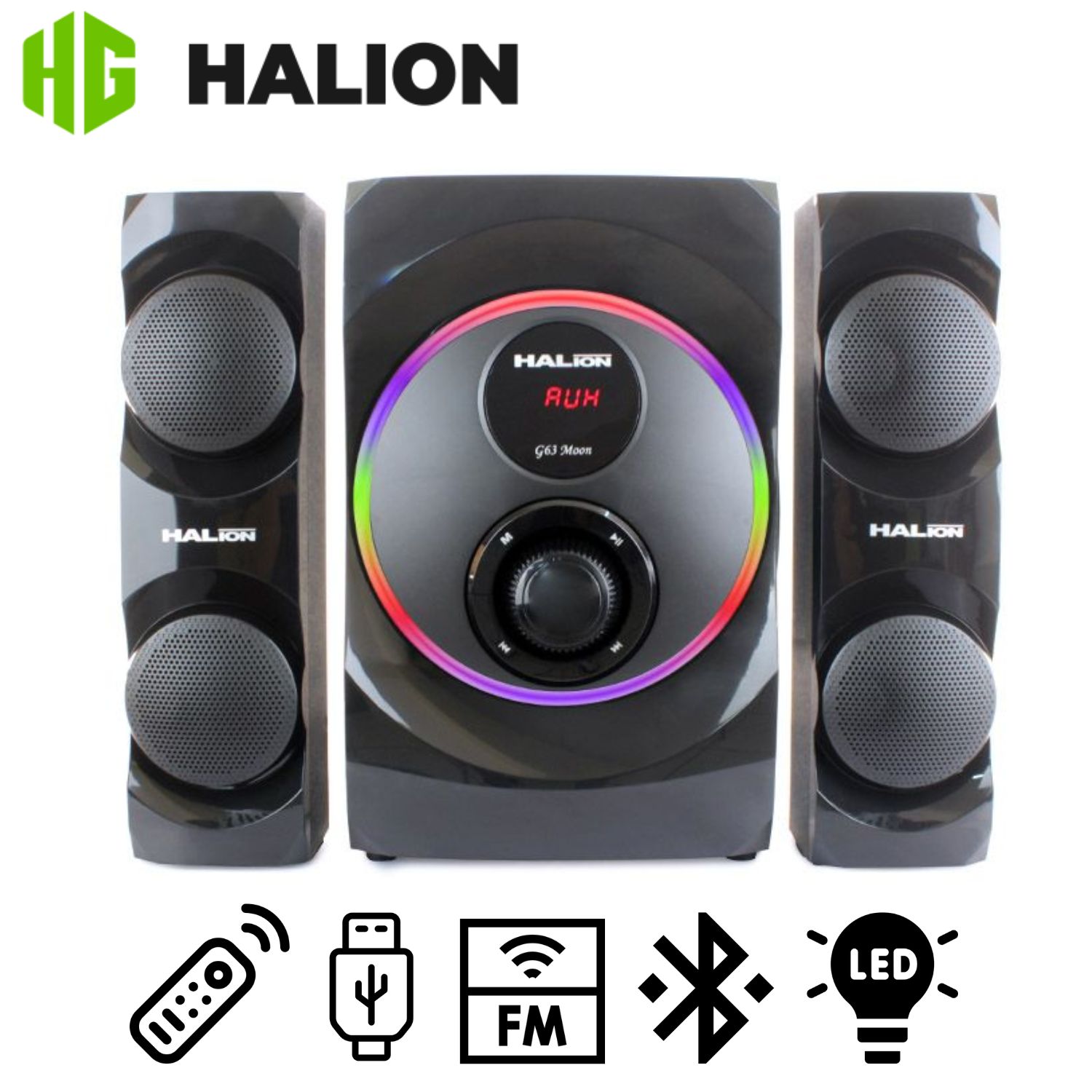 PARLANTE HALION HA-G63 MOON 2.1 BLUETOOTH CON SUBWOOFER 6,5″ Y LUCES RAINBOW - 1