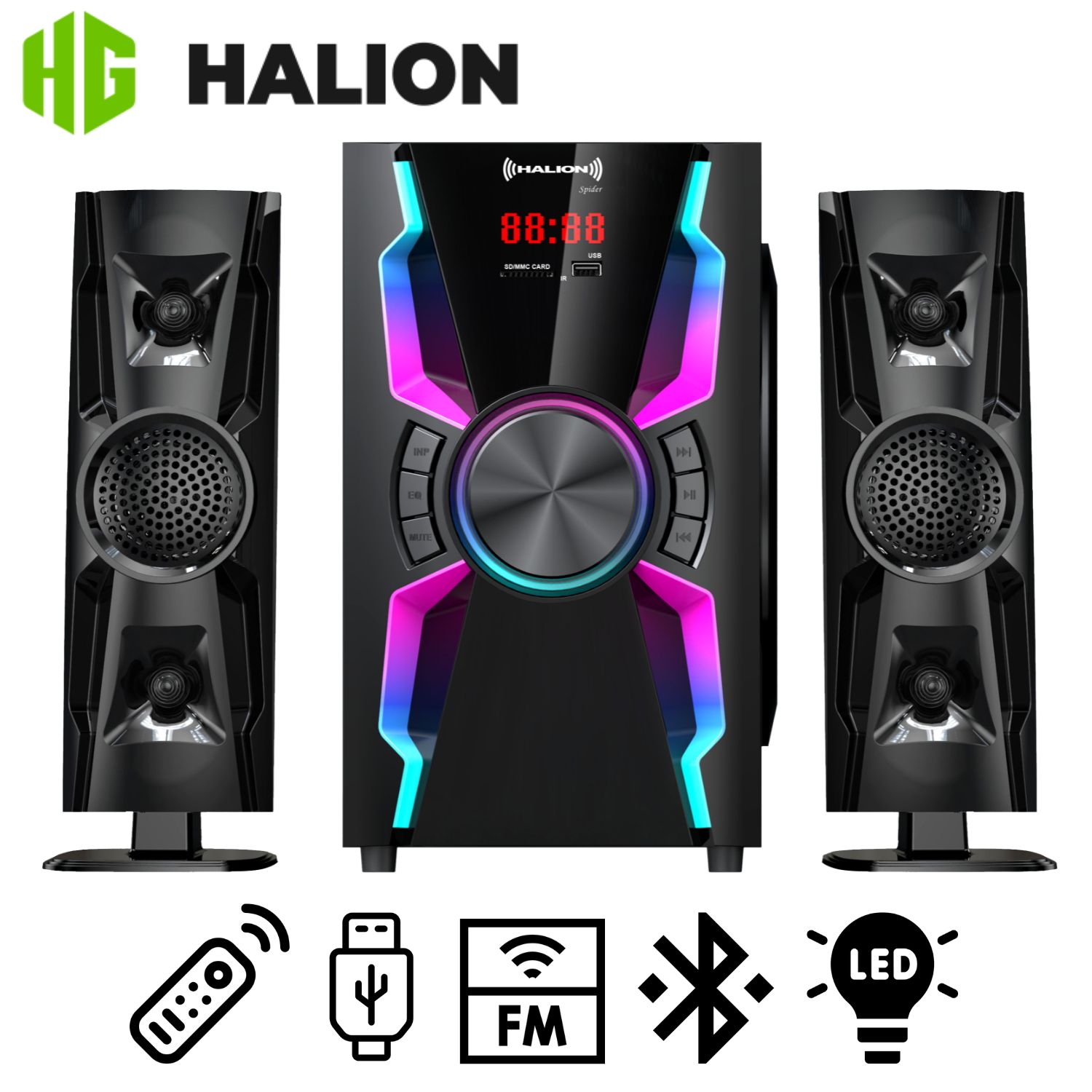 PARLANTE HALION HA-F55 SPIDER 2.1 BLUETOOTH CON SUBWOOFER 6,5″ Y LUCES LED - 1