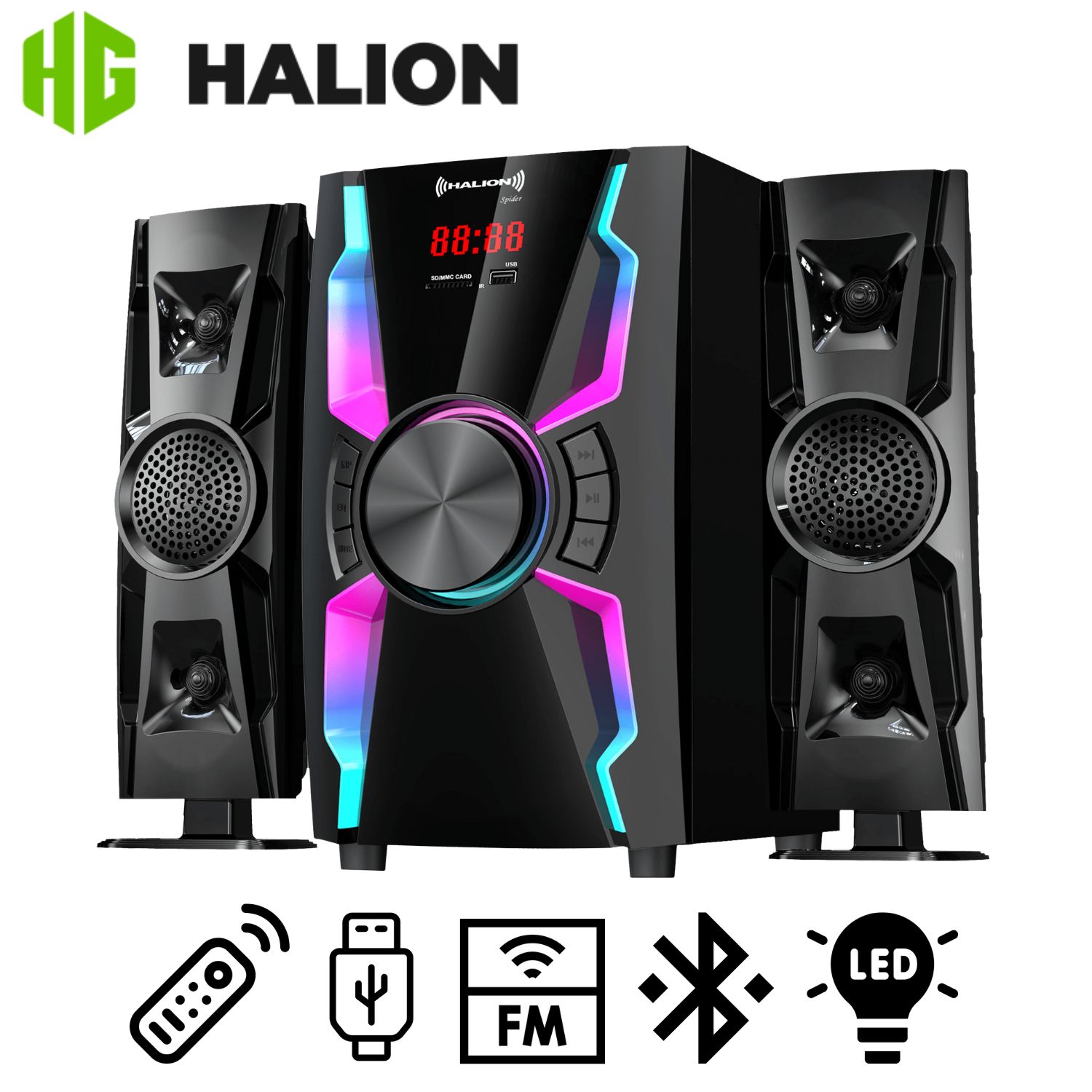 PARLANTE HALION HA-F55 SPIDER 2.1 CON SUBWOOFER 6,5″ Y LUCES LED USB SD BT FM - 1
