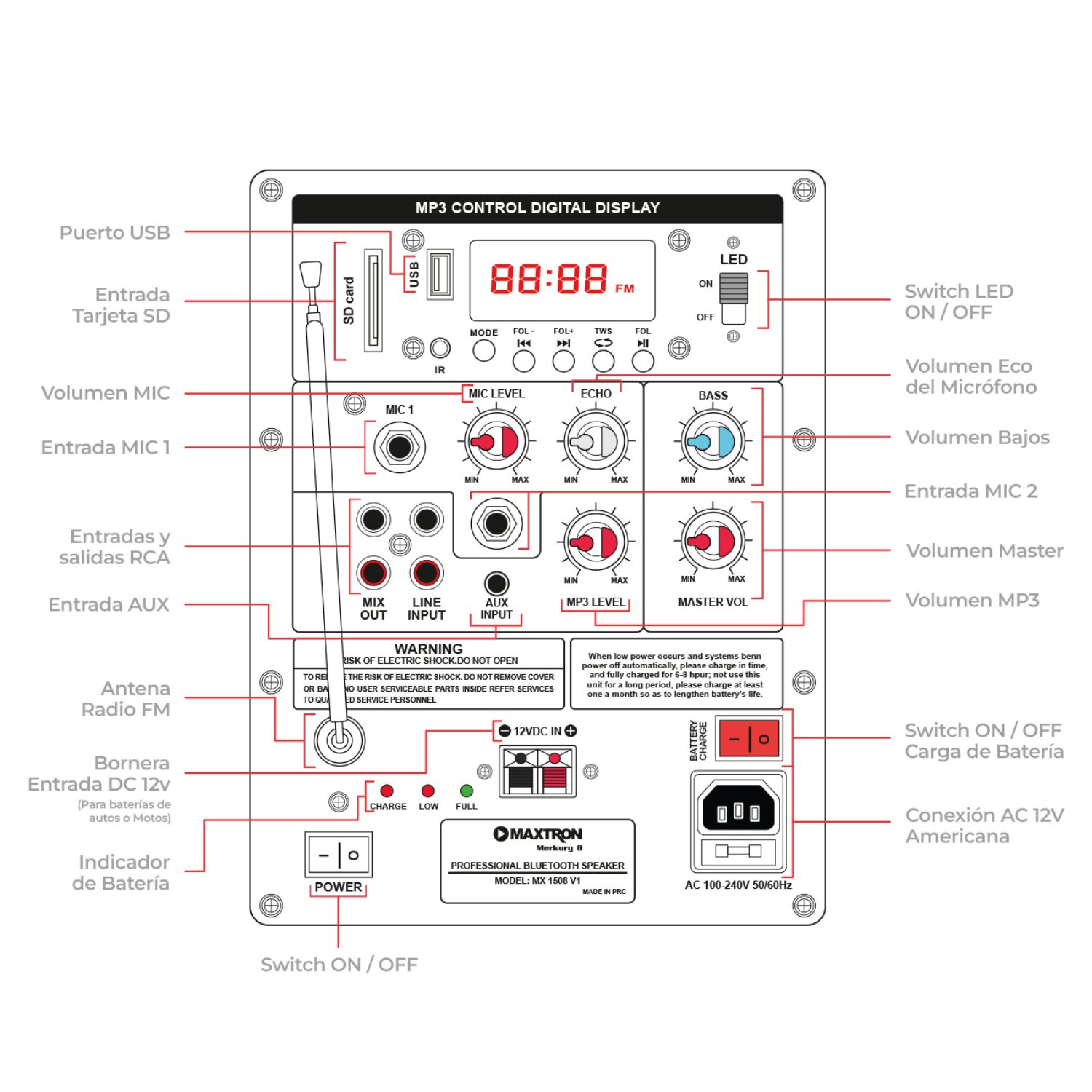 PARLANTE MAXTRON MERKURY MX 1508 USB BT TWS 01 MICRÓFONO CONEX. AC - 4