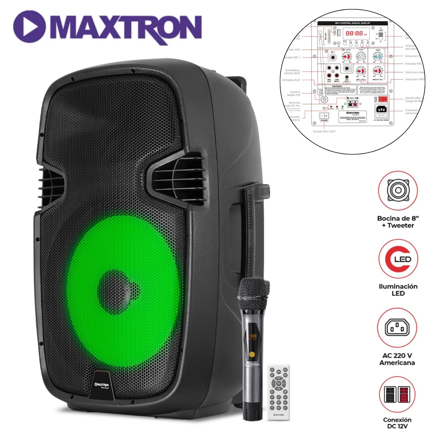 PARLANTE MAXTRON MERKURY MX 1508 USB BT TWS CONEX. AC / 01 MICRÓFONO - 1