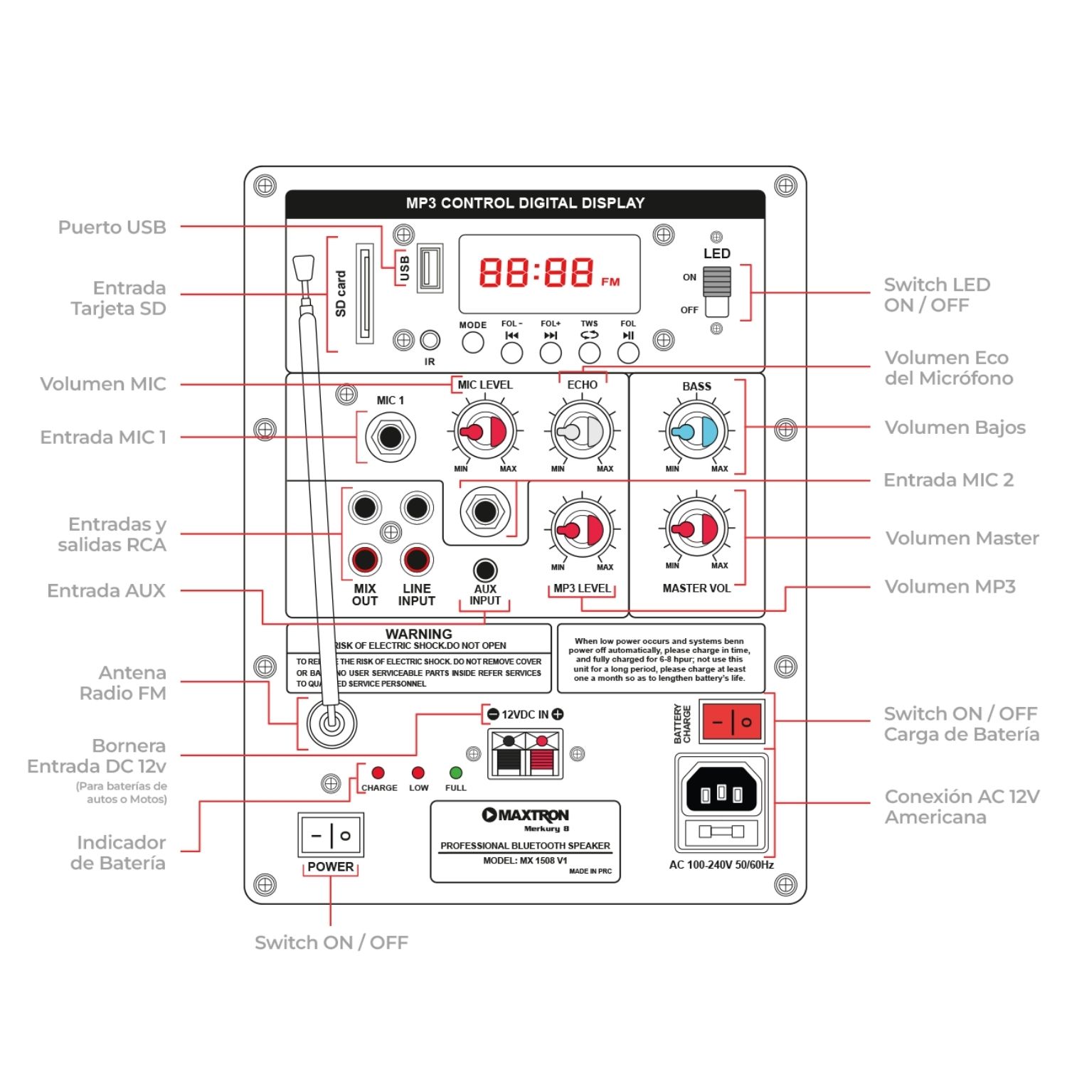 PARLANTE MAXTRON MERKURY MX 1508 USB BT TWS CONEX. AC / 01 MICRÓFONO - 4