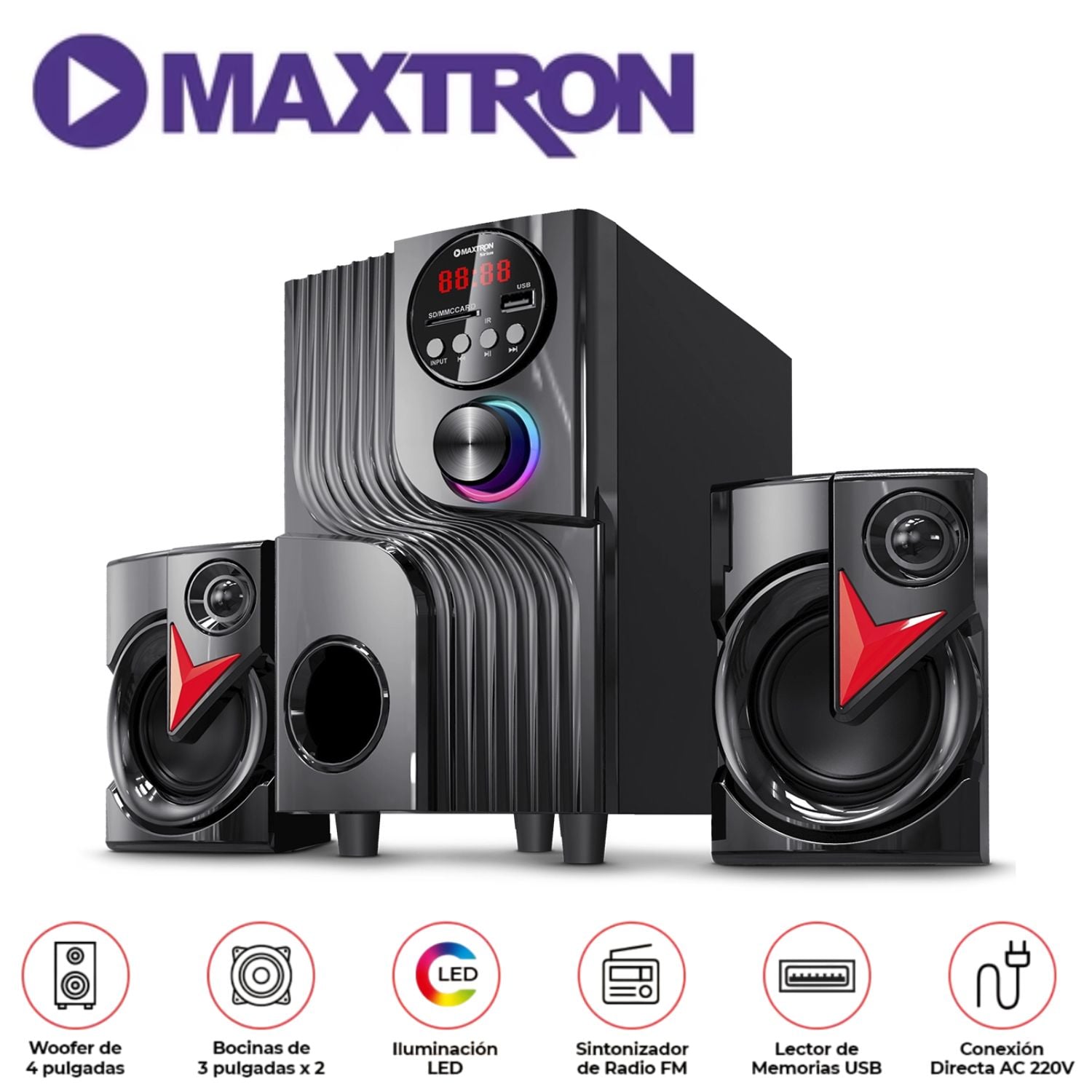 PARLANTE 2,1 MAXTRON MAX S201 SIRIUS USB BT AUX ILUMINACIÓN LED - 1