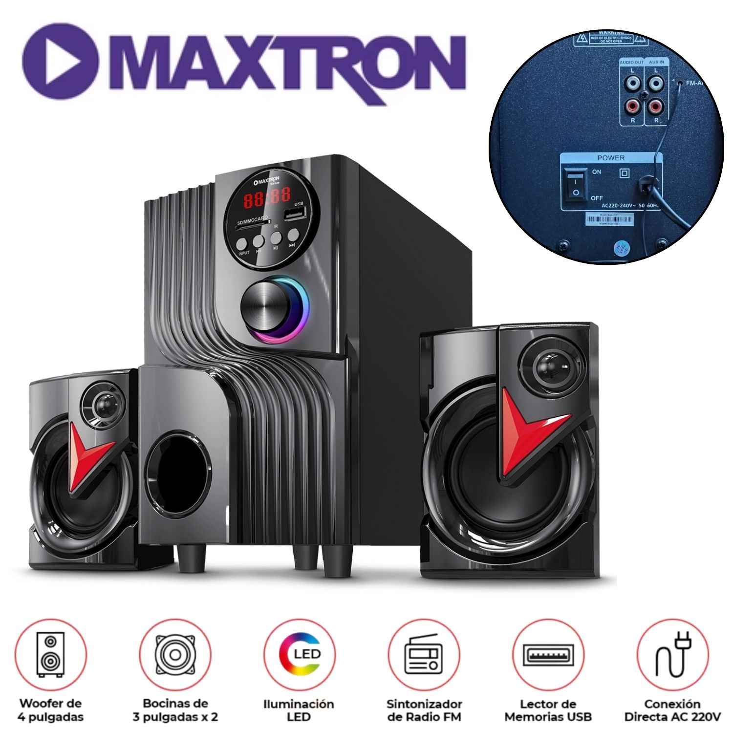 PARLANTE 2,1 MAXTRON MAX S201 SIRIUS SUBWOOFER 4' USB BT AUX - 1