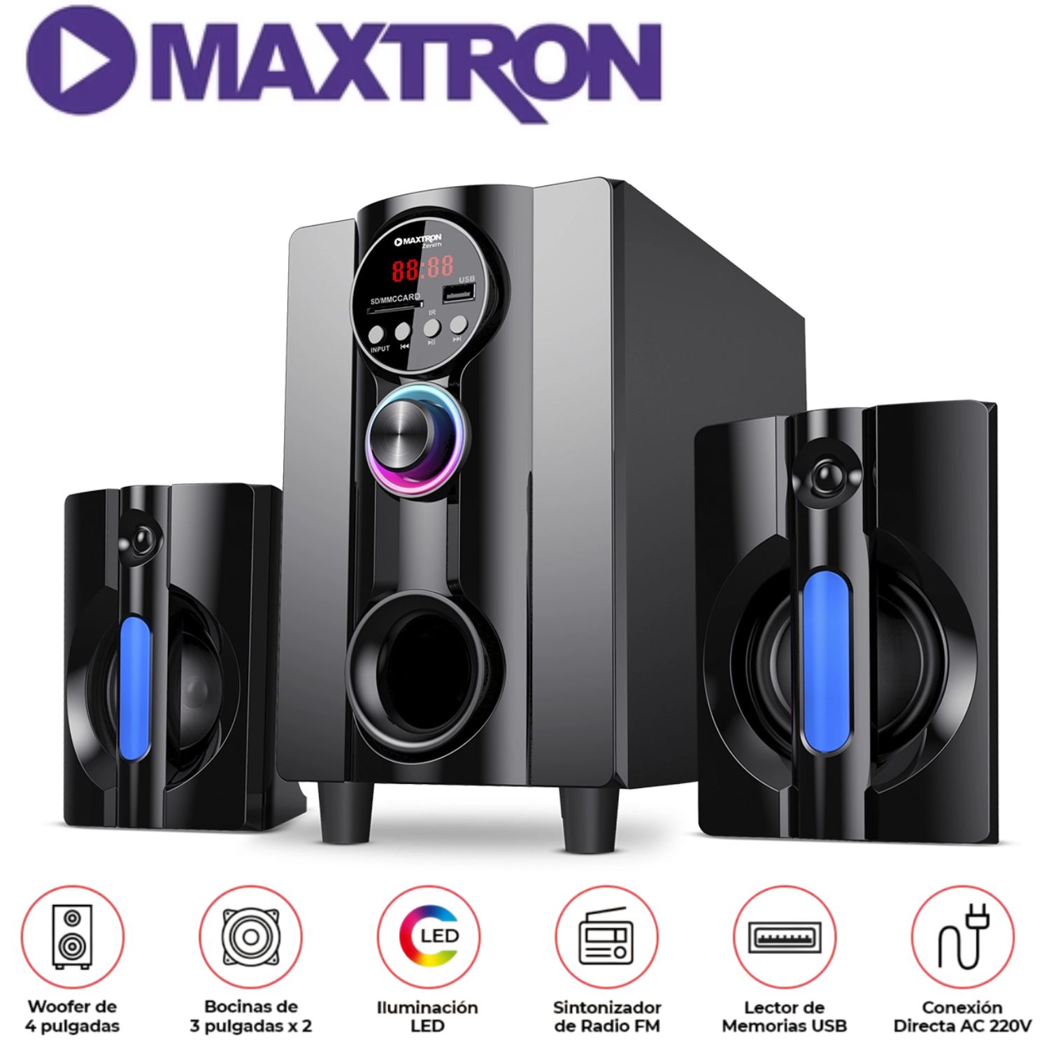 PARLANTE 2,1 MAXTRON MAX S202 ZENITH USB BT AUX ILUMINACIÓN LED - 1
