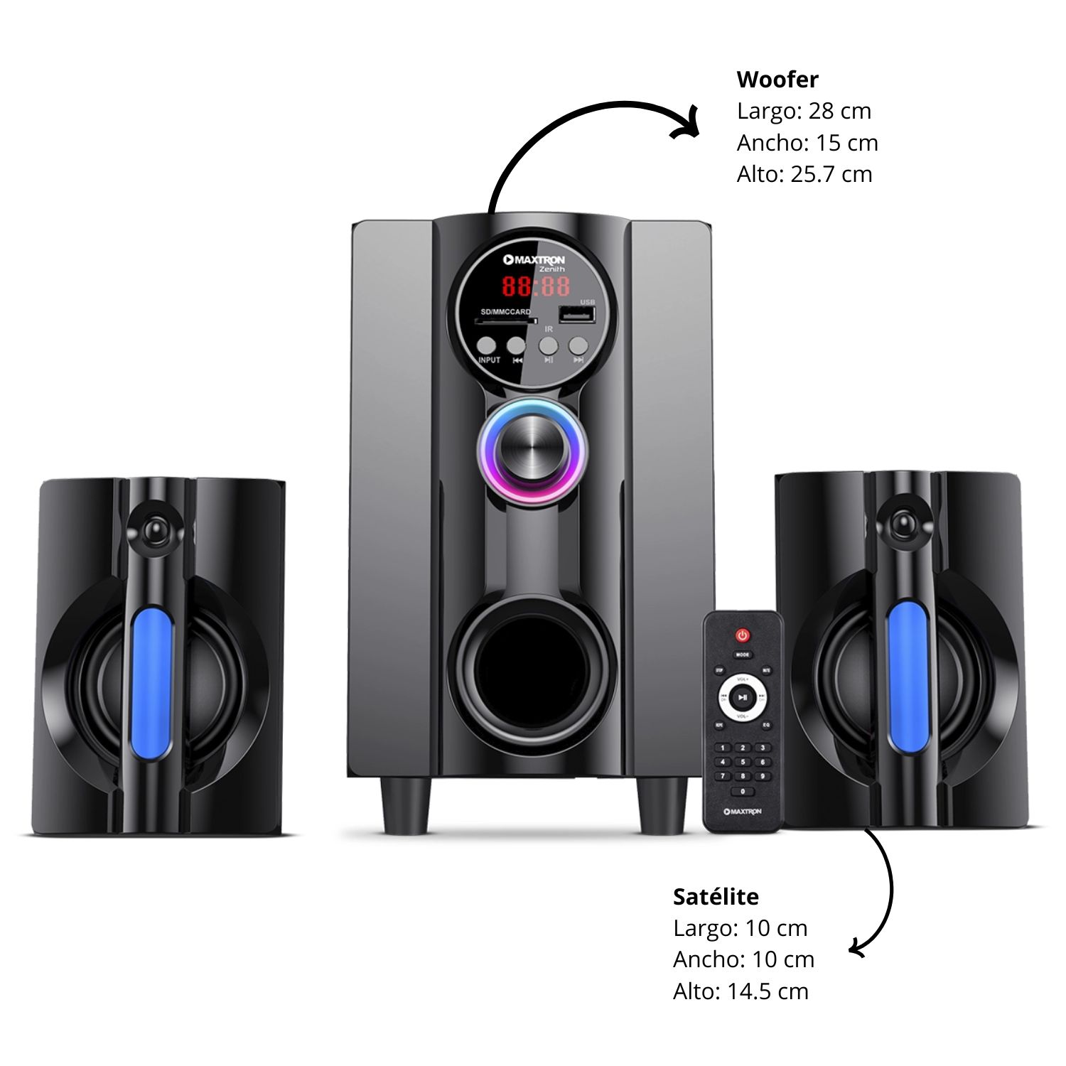 PARLANTE 2,1 MAXTRON MAX S202 ZENITH USB BT AUX ILUMINACIÓN LED - 6